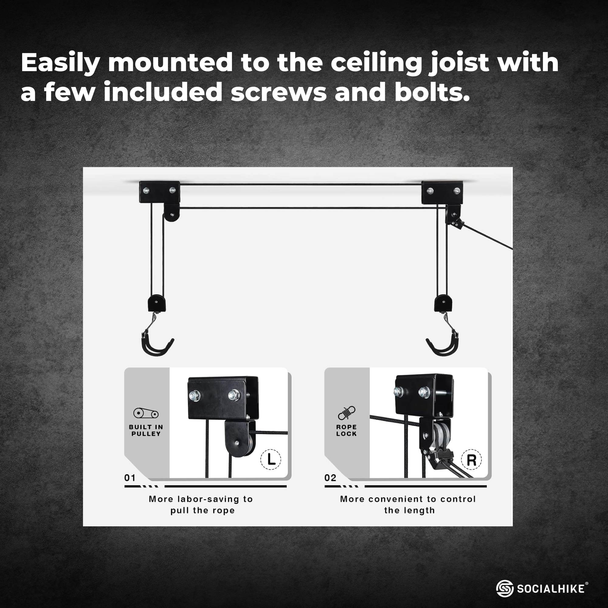 Kayak Hoist - 45kg Garage Ceiling Pulley Lift Storage System Bike Luggage Holder 4