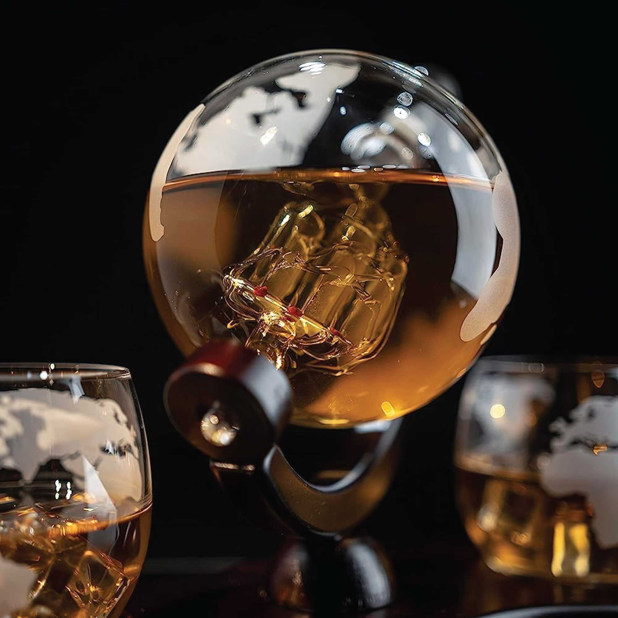 850ml Whiskey or Wine Globe Glass Decanter Set - 2x Glasses + Wooden Stand 3