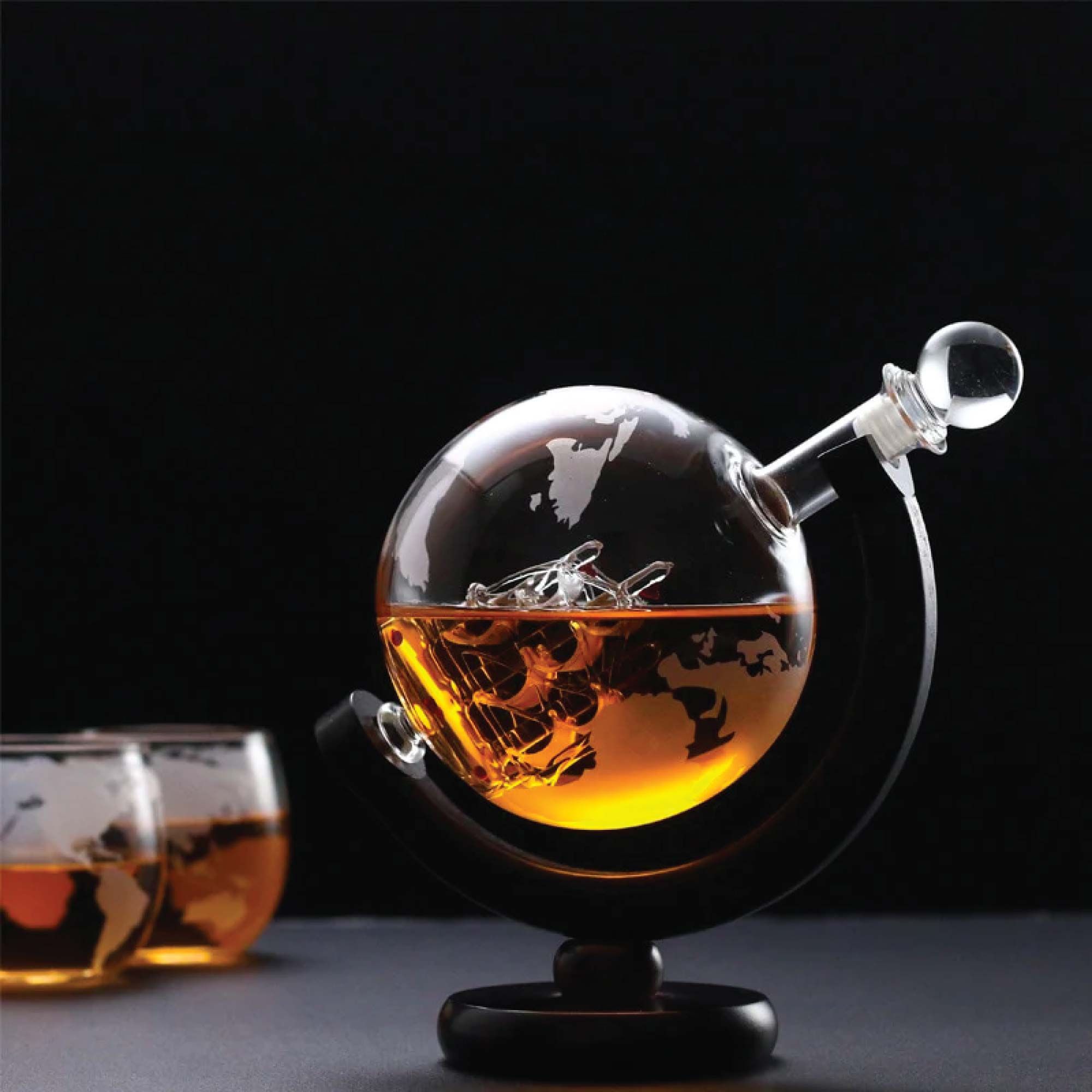850ml Whiskey or Wine Globe Glass Decanter Set - 2x Glasses + Wooden Stand 5