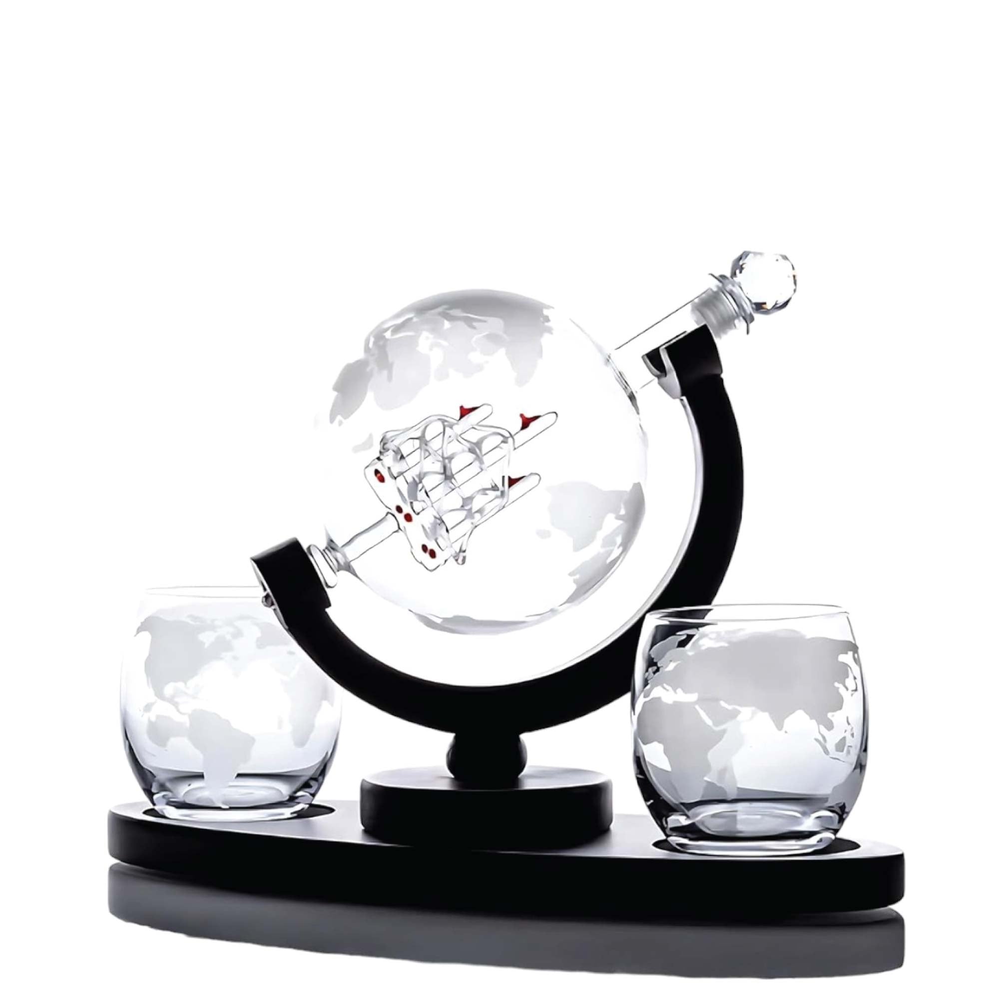 850ml Whiskey or Wine Globe Glass Decanter Set - 2x Glasses + Wooden Stand 6