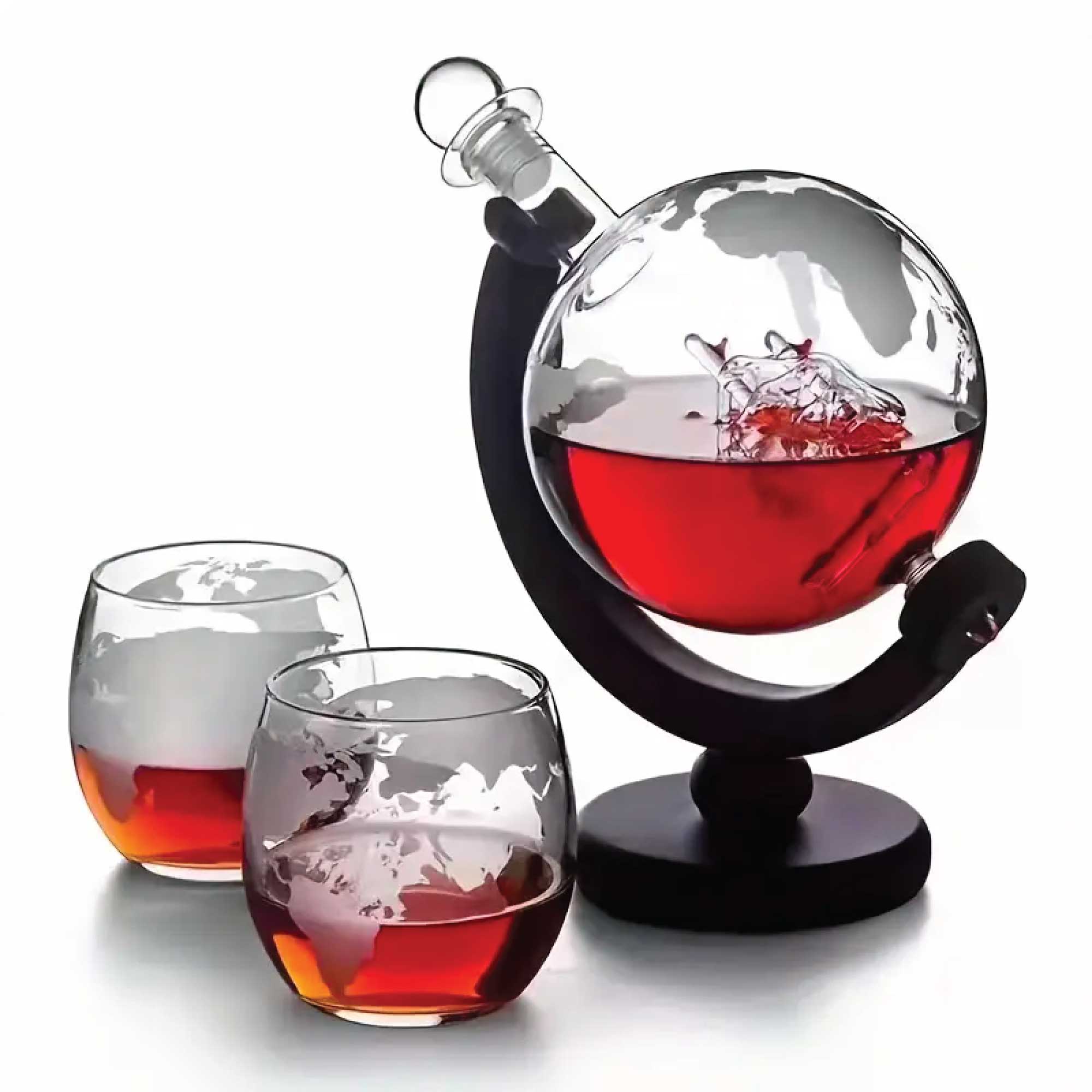 850ml Whiskey or Wine Globe Glass Decanter Set - 2x Glasses + Wooden Stand 7
