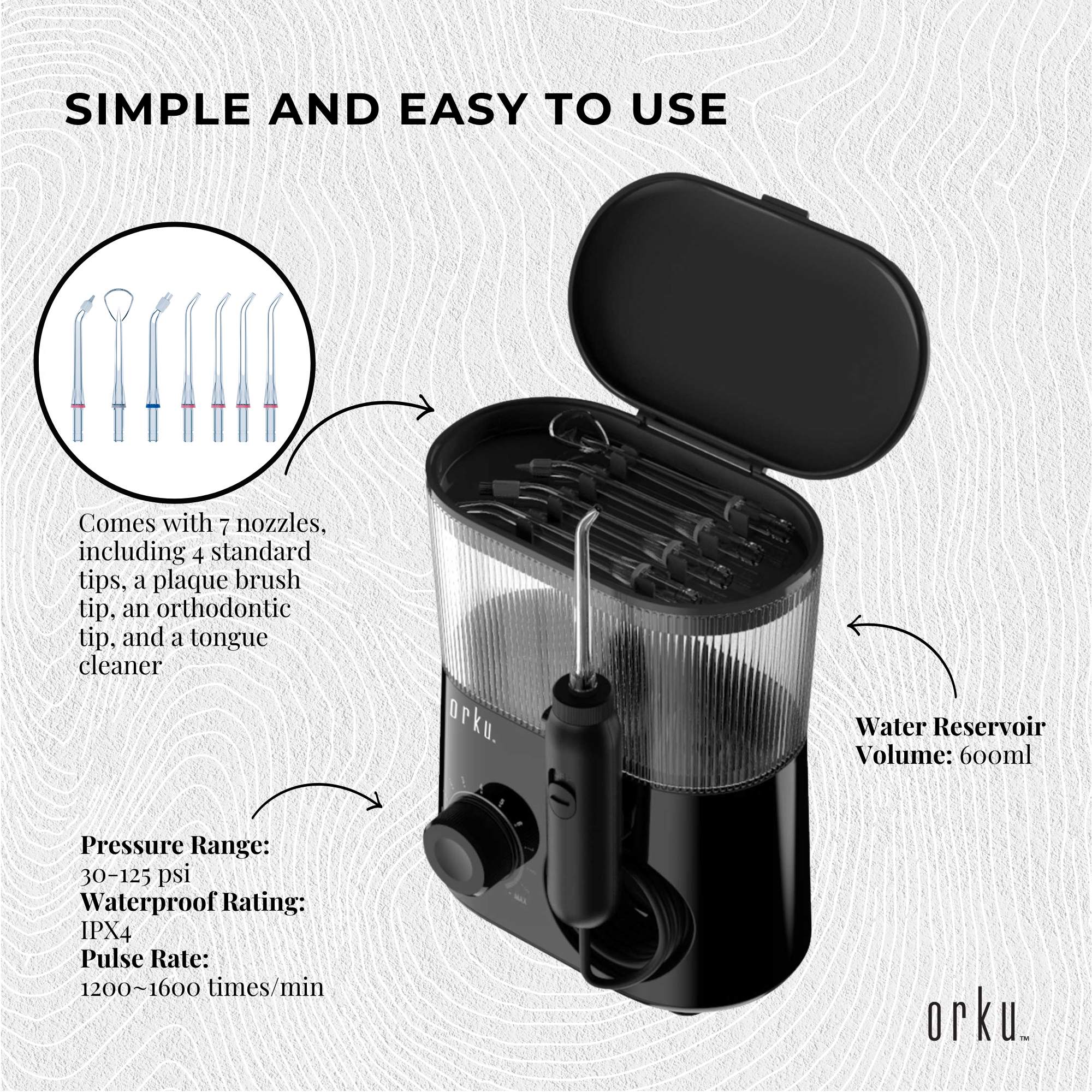 Water Jet Dental Flosser 600ml Black - Electric Oral Pressure Tooth Irrigator 3