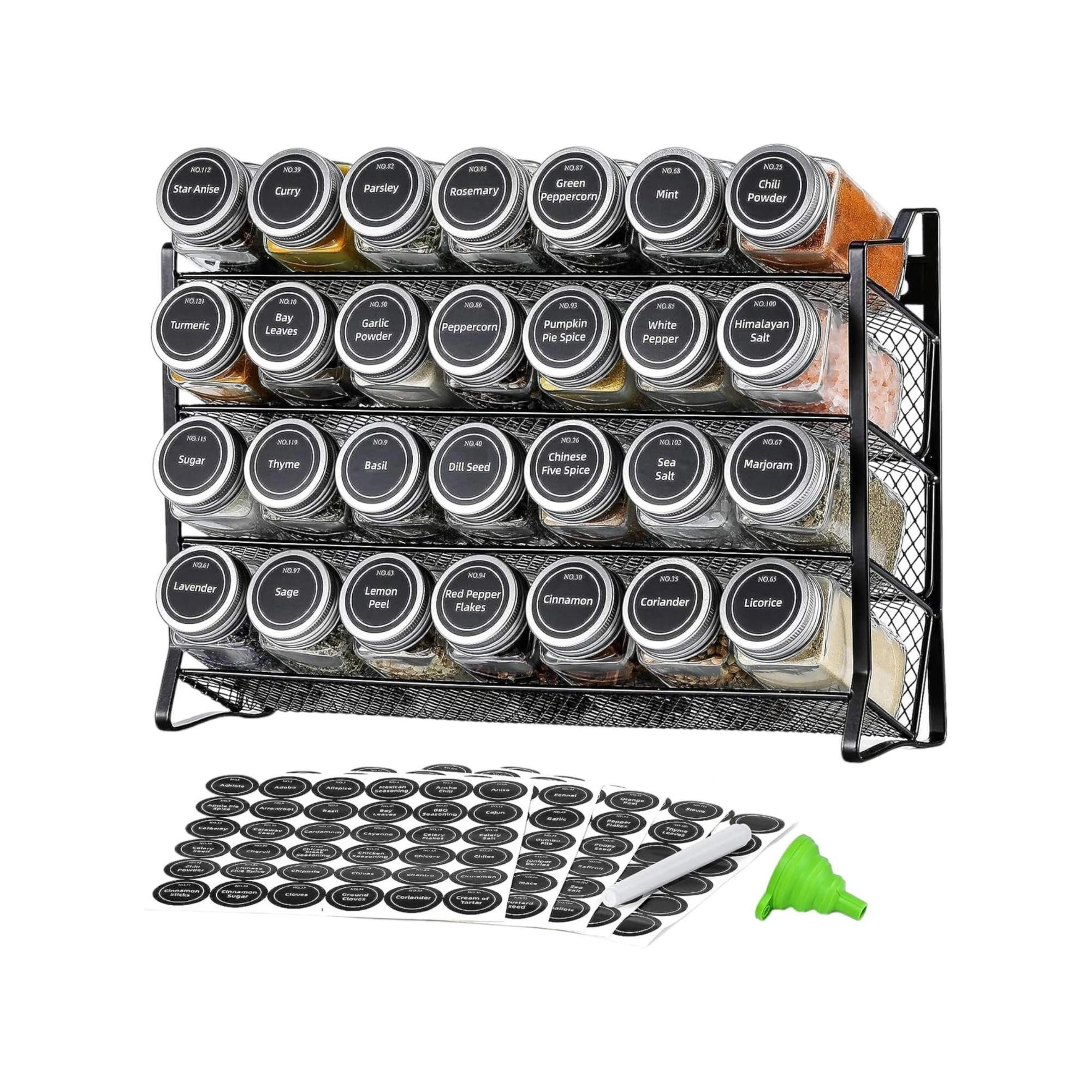 4 Tier Metal Spice Rack + 28 Glass Jars - Kitchen Pantry Herb Storage Organiser