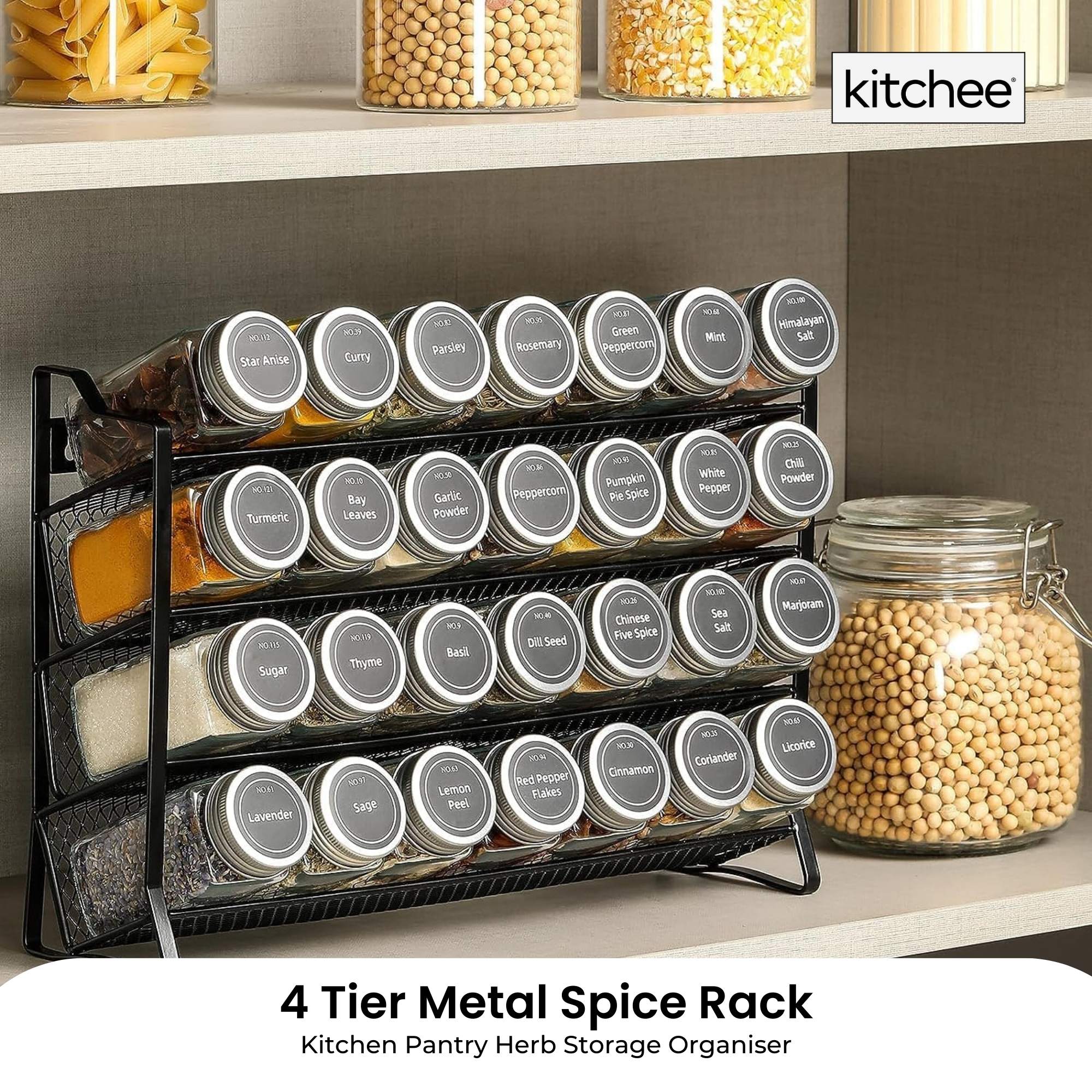 4 Tier Metal Spice Rack + 28 Glass Jars - Kitchen Pantry Herb Storage Organiser