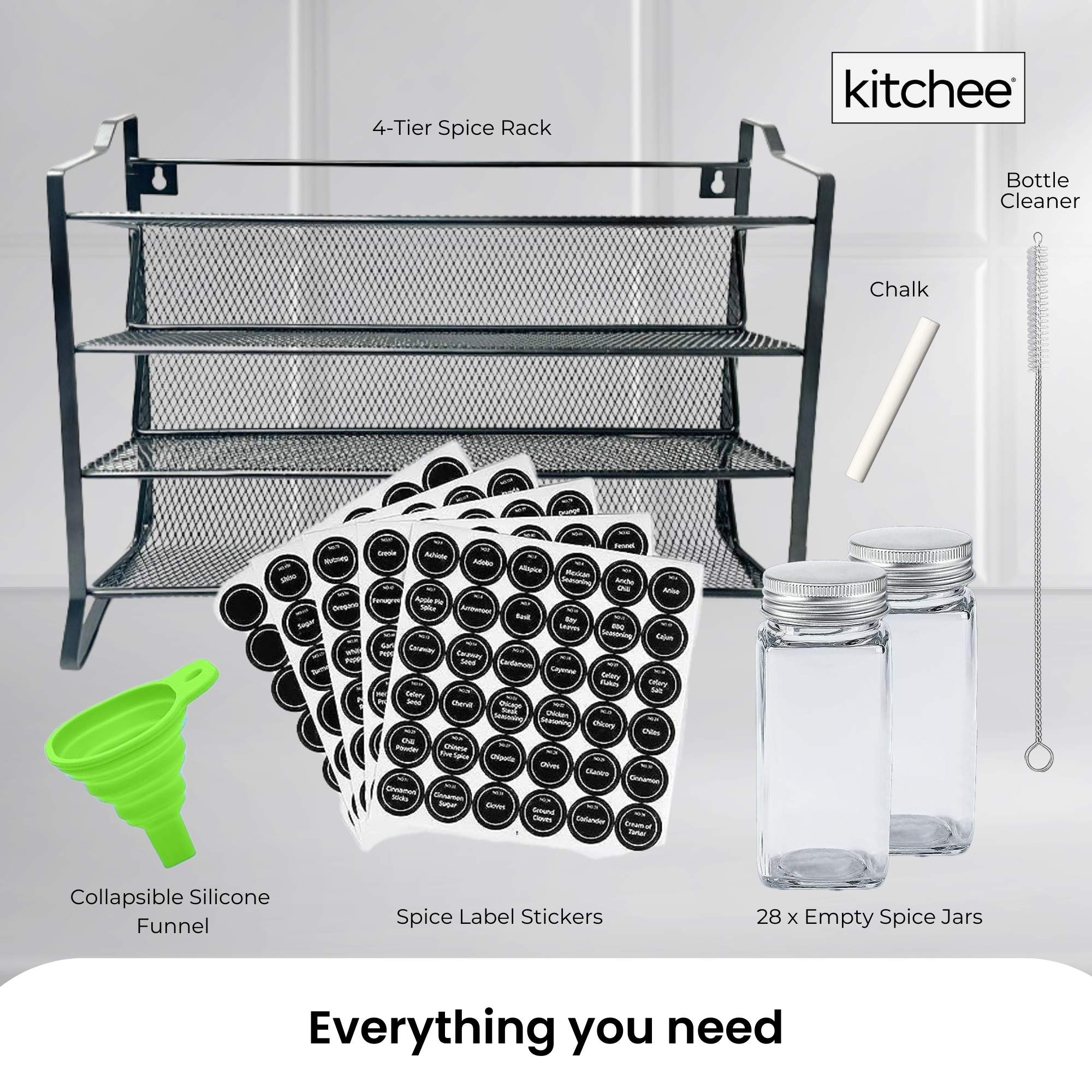 4 Tier Metal Spice Rack + 28 Glass Jars - Kitchen Pantry Herb Storage Organiser 3