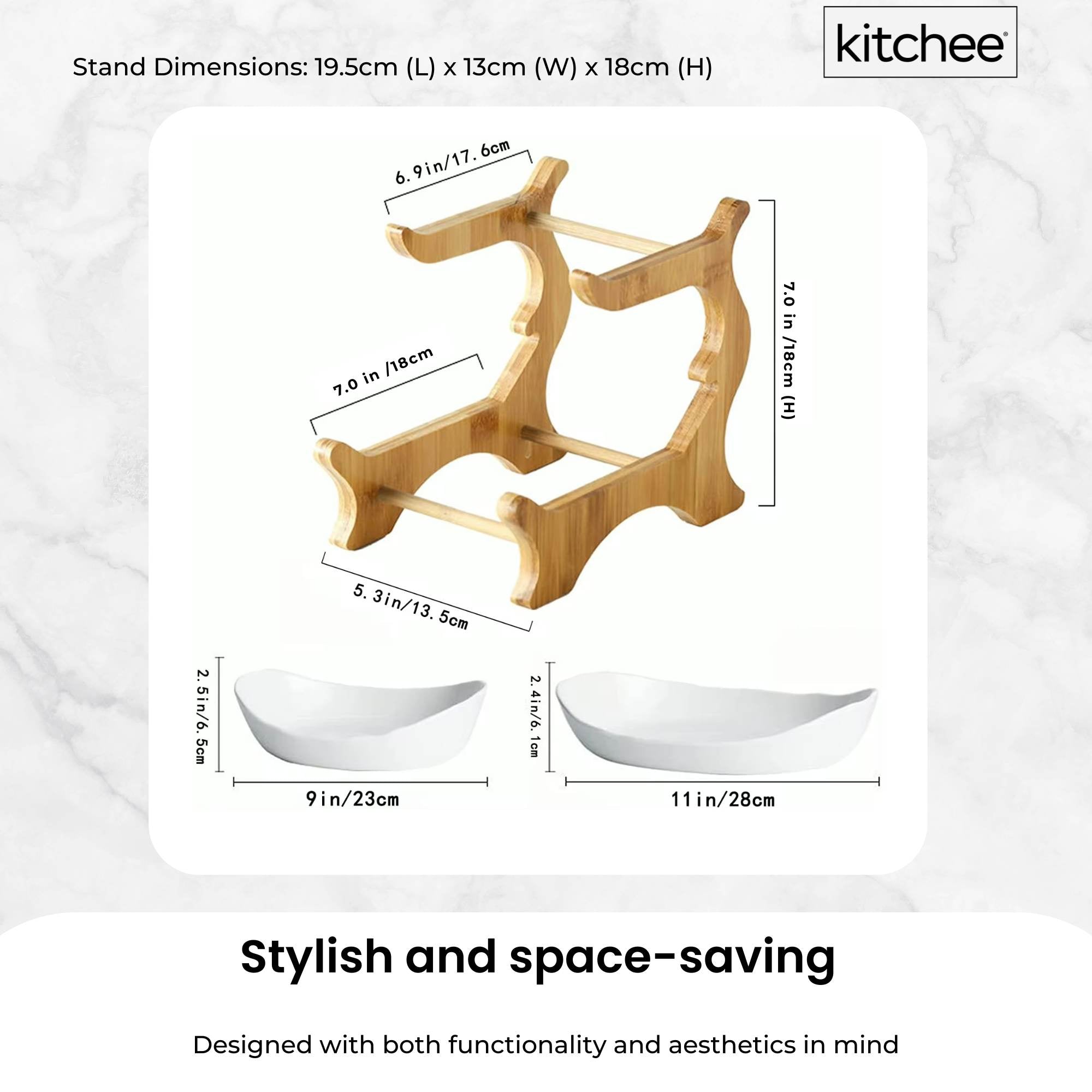 2 Tier Porcelain Fruit Bowl - Ceramic Vegetable Storage With Bamboo Stand 4