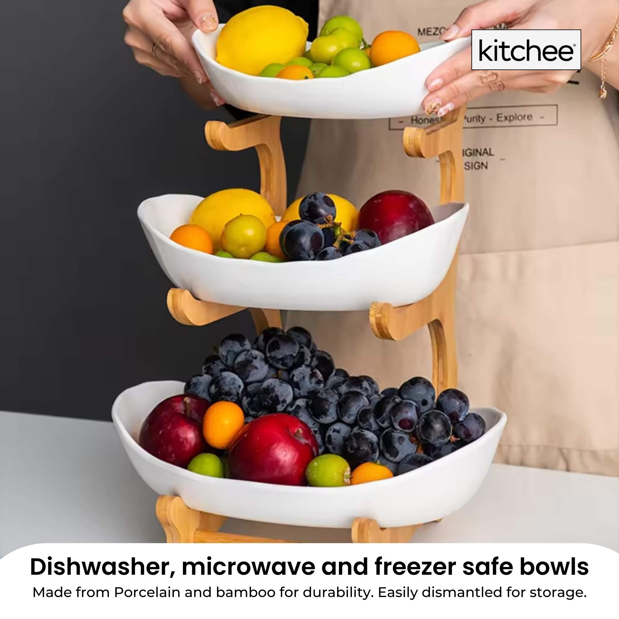 3 Tier Porcelain Fruit Bowl - Ceramic Vegetable Storage With Bamboo Stand 5