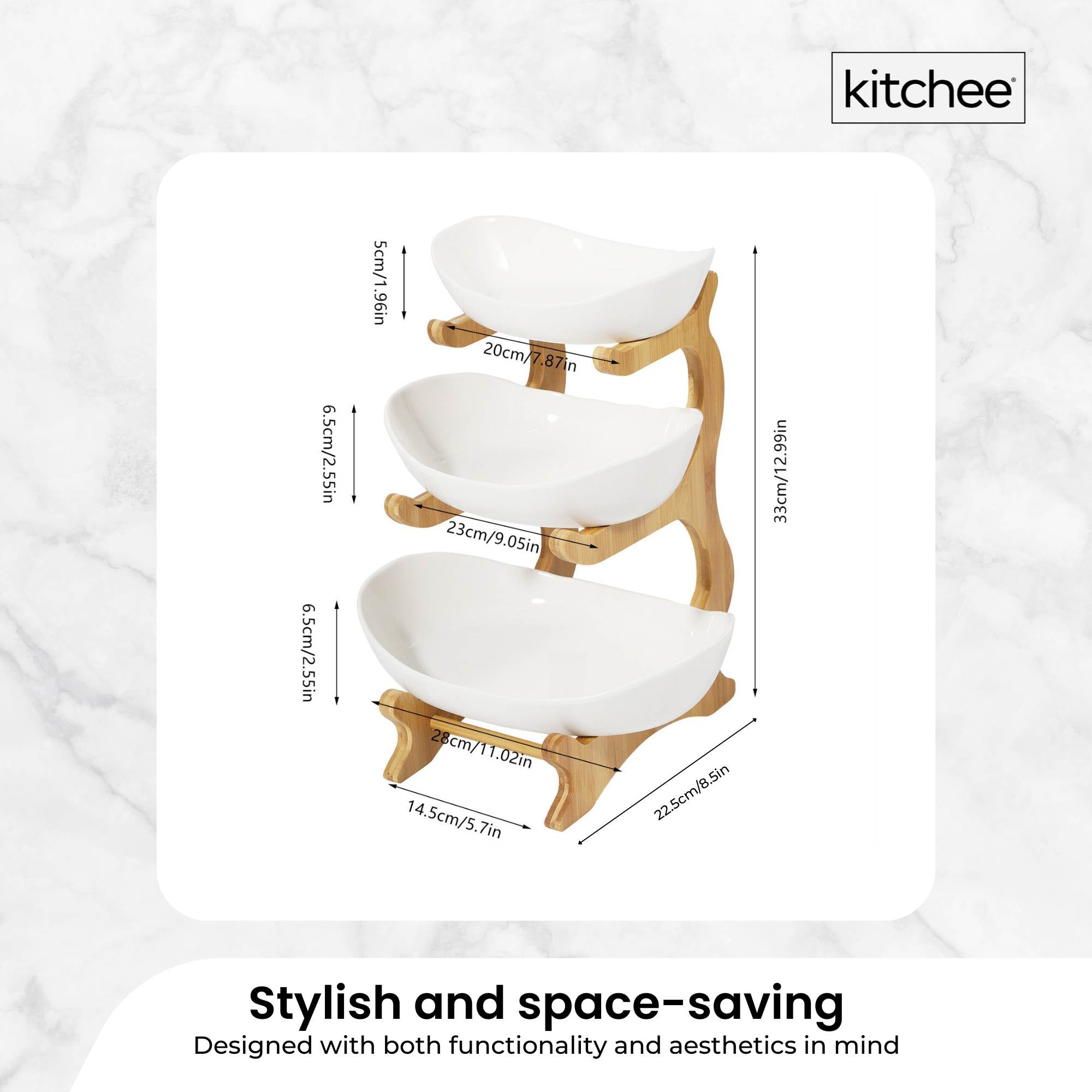 3 Tier Porcelain Fruit Bowl - Ceramic Vegetable Storage With Bamboo Stand 4