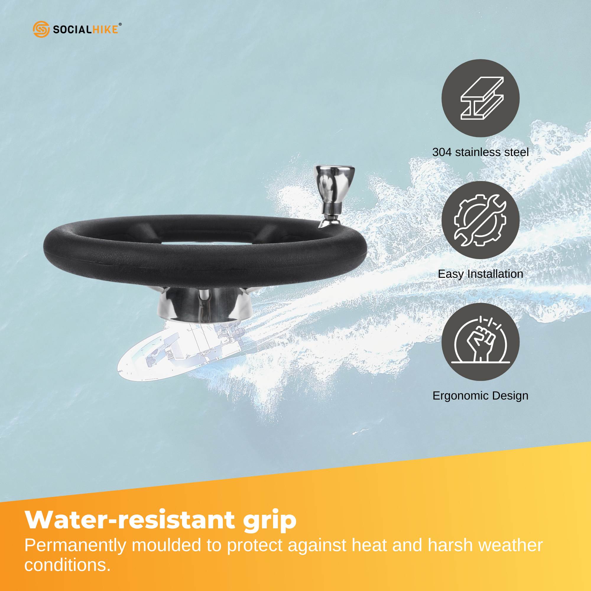 13.5" Boat Steering Wheel With Grip Cover - Stainless Steel 3/4" 5 Spoke With Knob 3