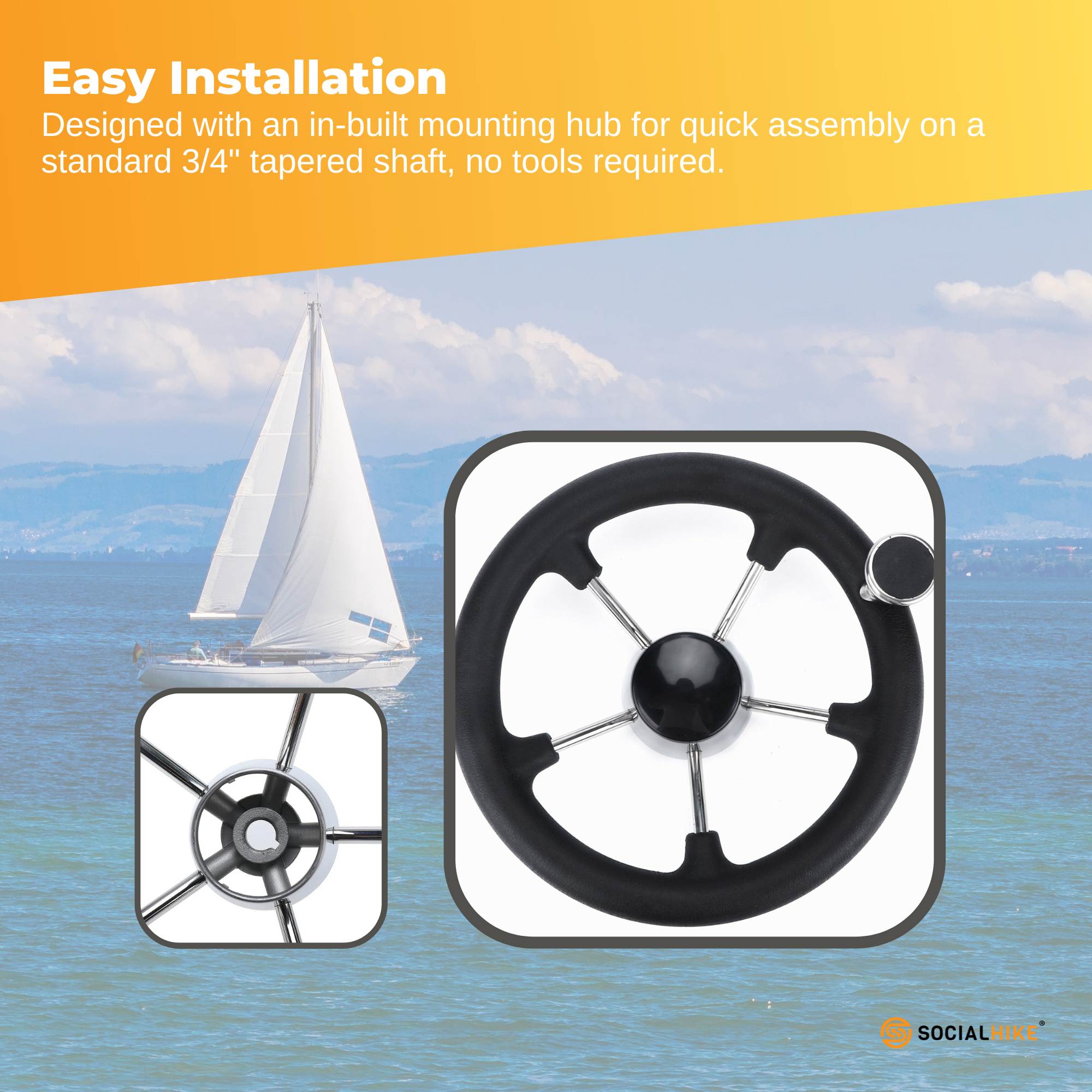 13.5" Boat Steering Wheel With Grip Cover - Stainless Steel 3/4" 5 Spoke With Knob 5