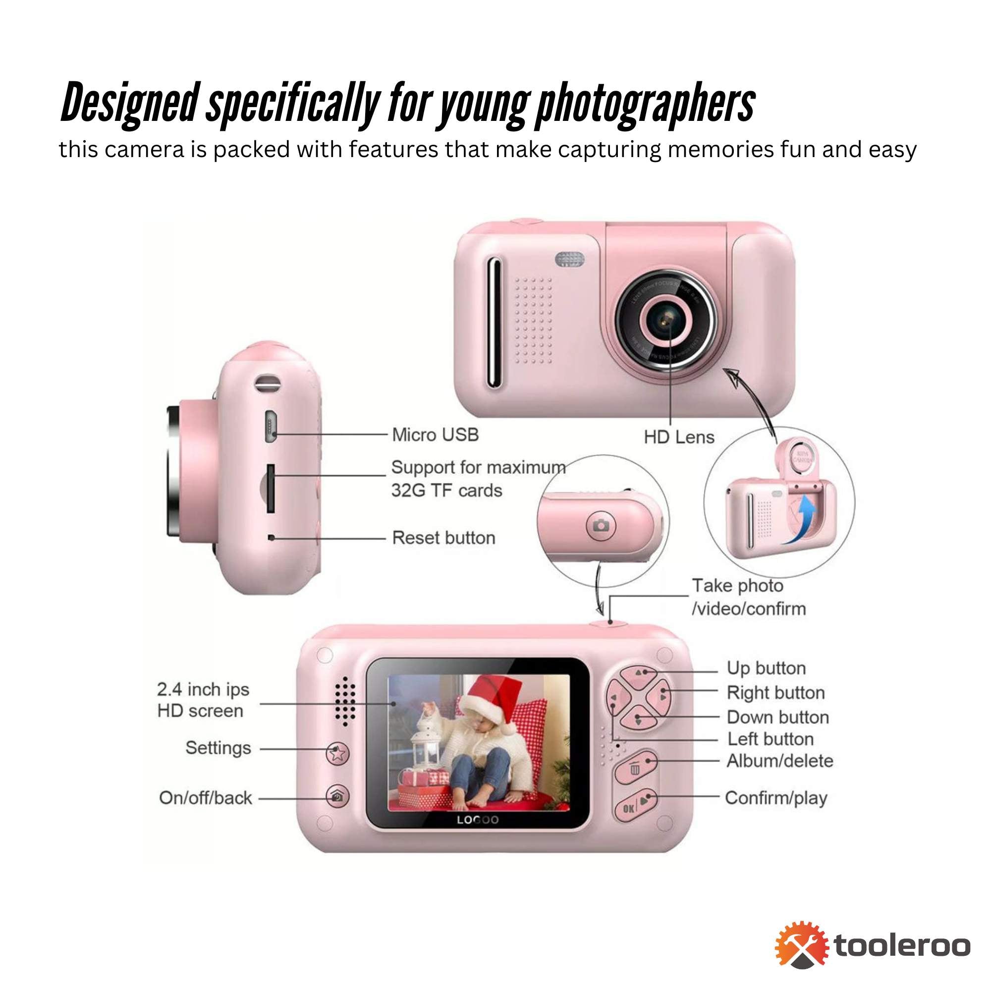 Kids HD Digital Camera Pink - Children's Selfie Photo Video 2.4 Inch Screen 3