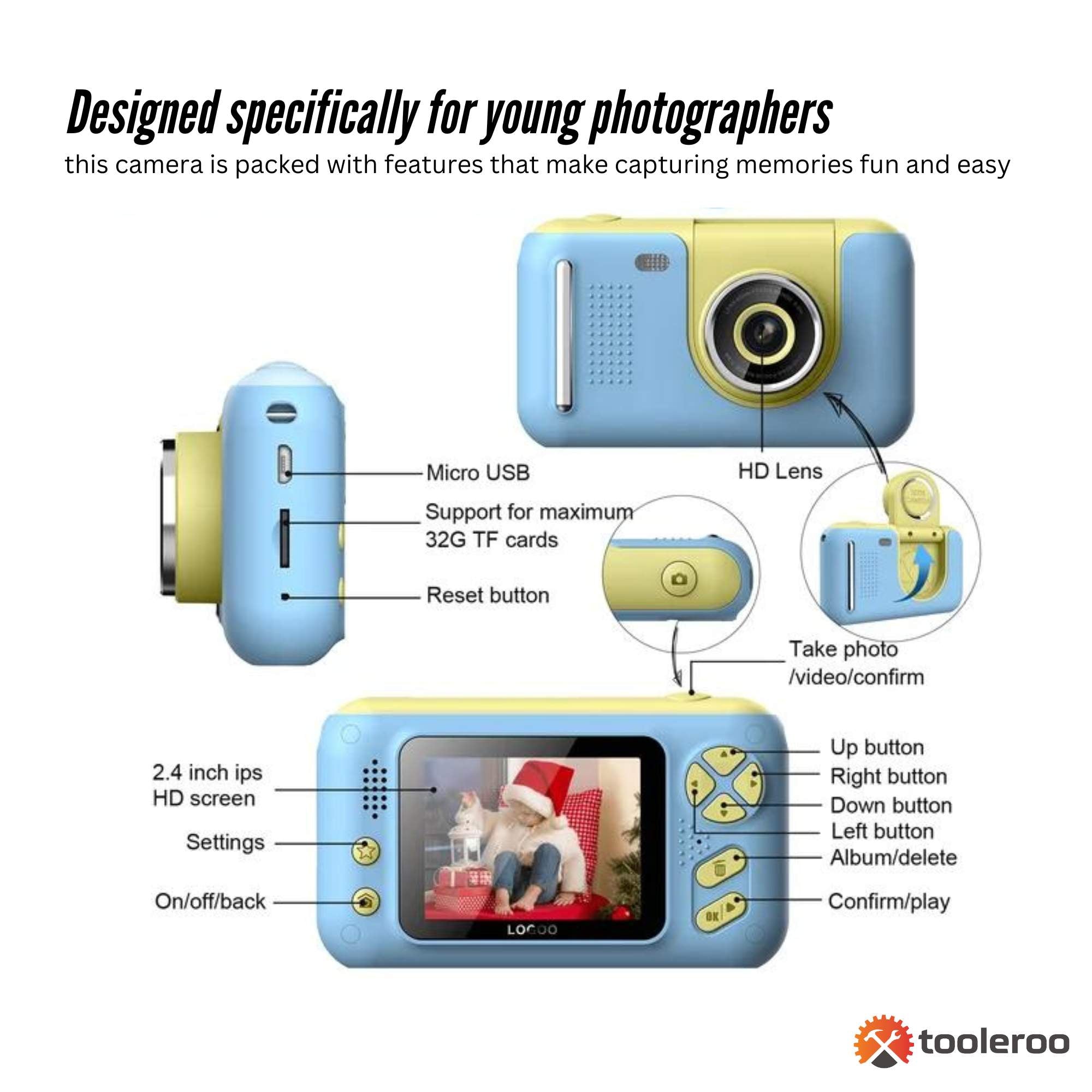 Kids HD Digital Camera Blue - Children's Selfie Photo Video 2.4 Inch Screen 3