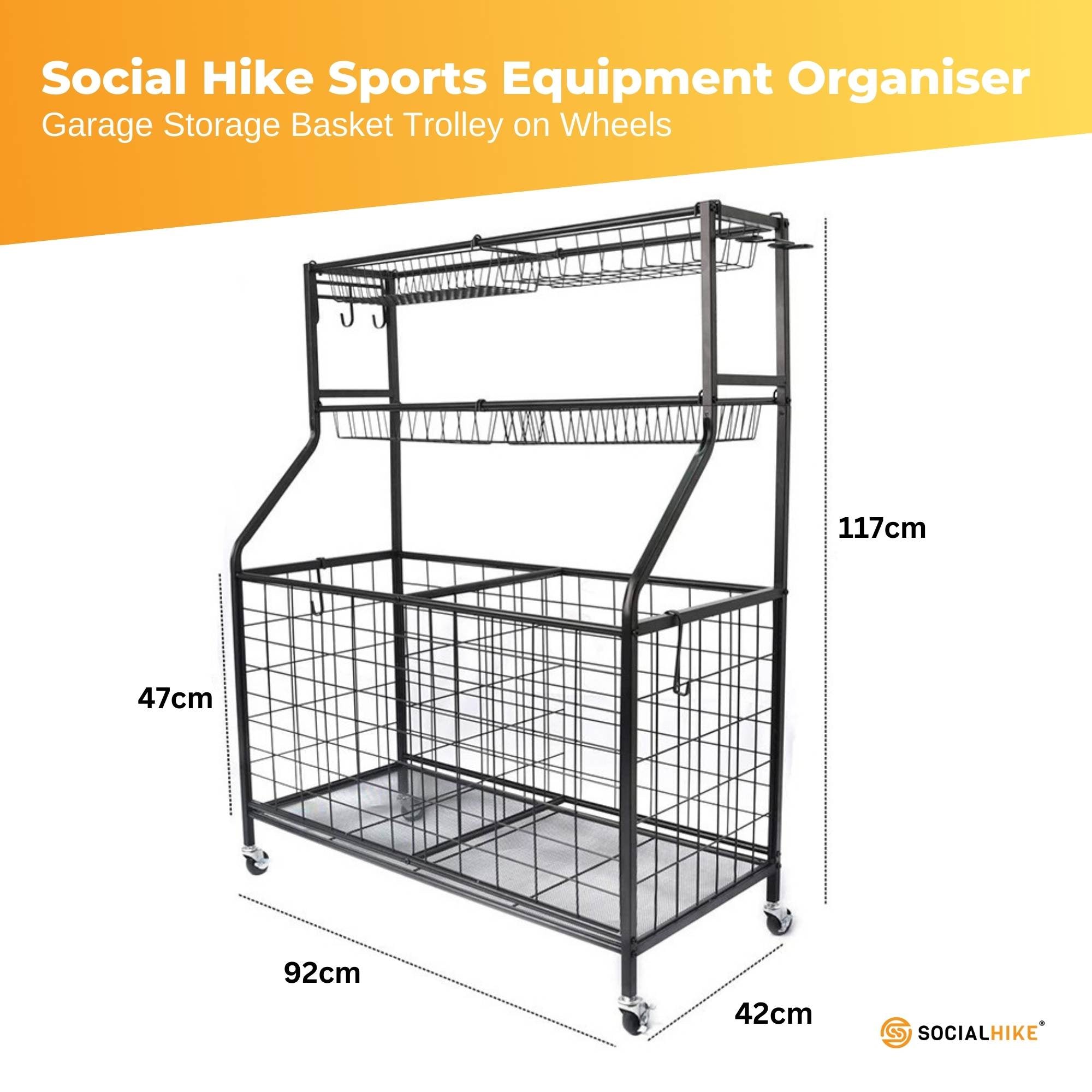 Social Hike Storage Organiser Trolley on Wheels - Garage Sports Equipment Basket 3