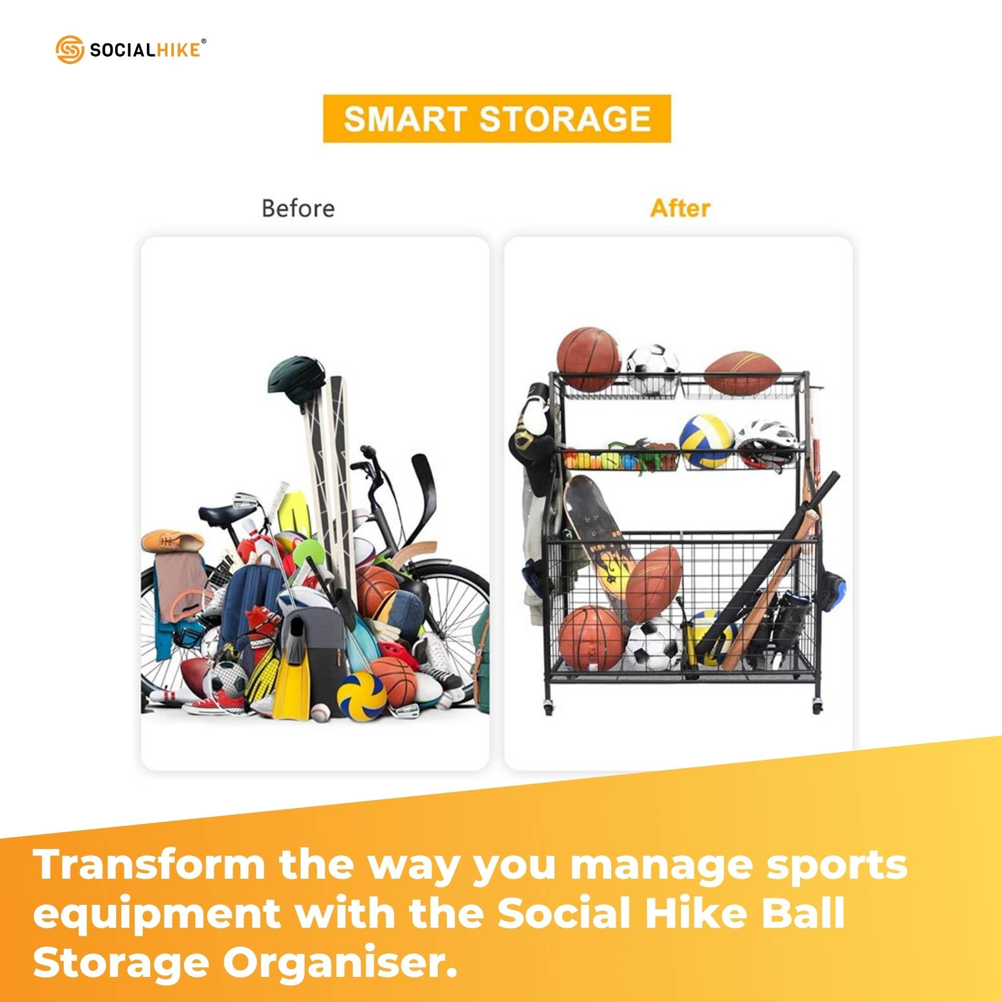 Social Hike Storage Organiser Trolley on Wheels - Garage Sports Equipment Basket 5