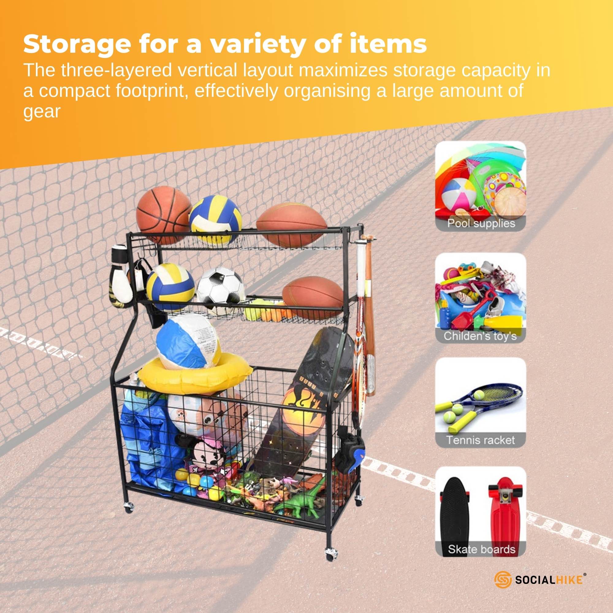 Social Hike Storage Organiser Trolley on Wheels - Garage Sports Equipment Basket 6