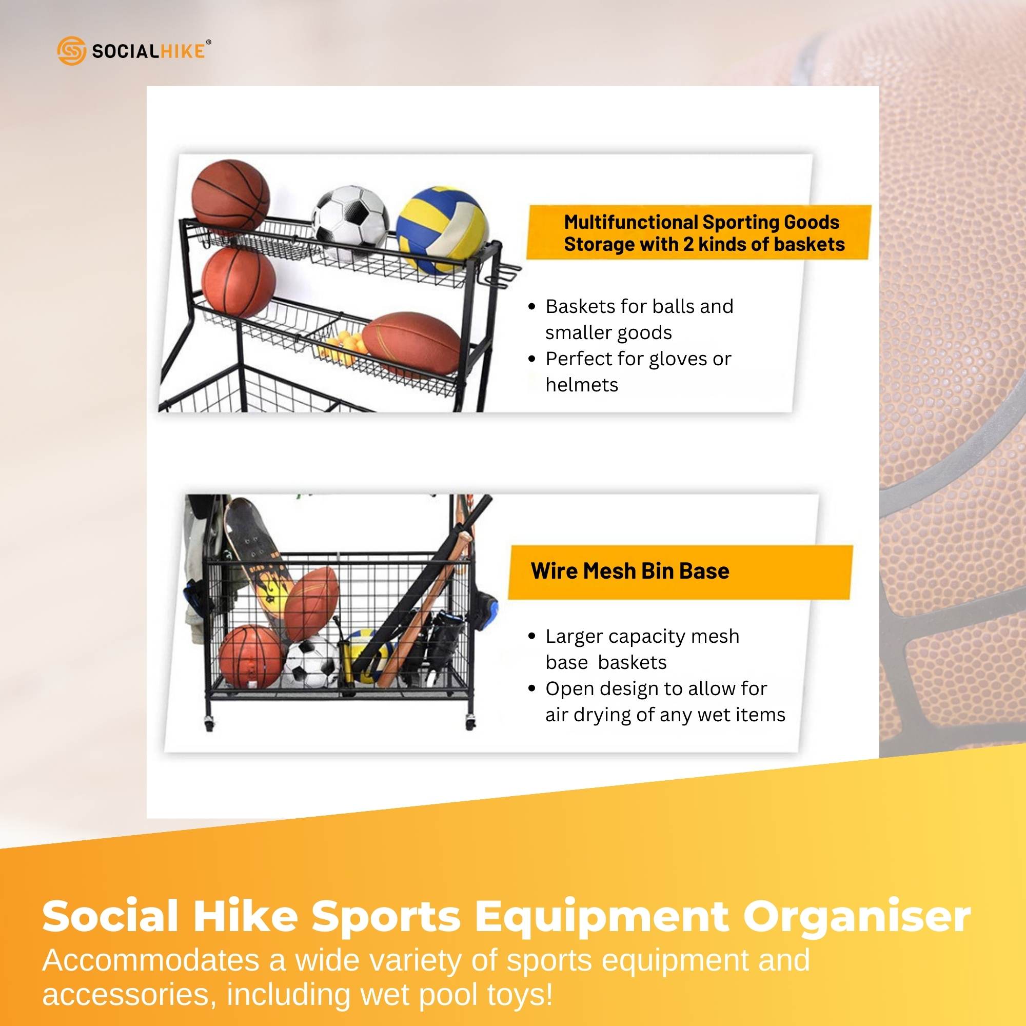 Social Hike Storage Organiser Trolley on Wheels - Garage Sports Equipment Basket 7