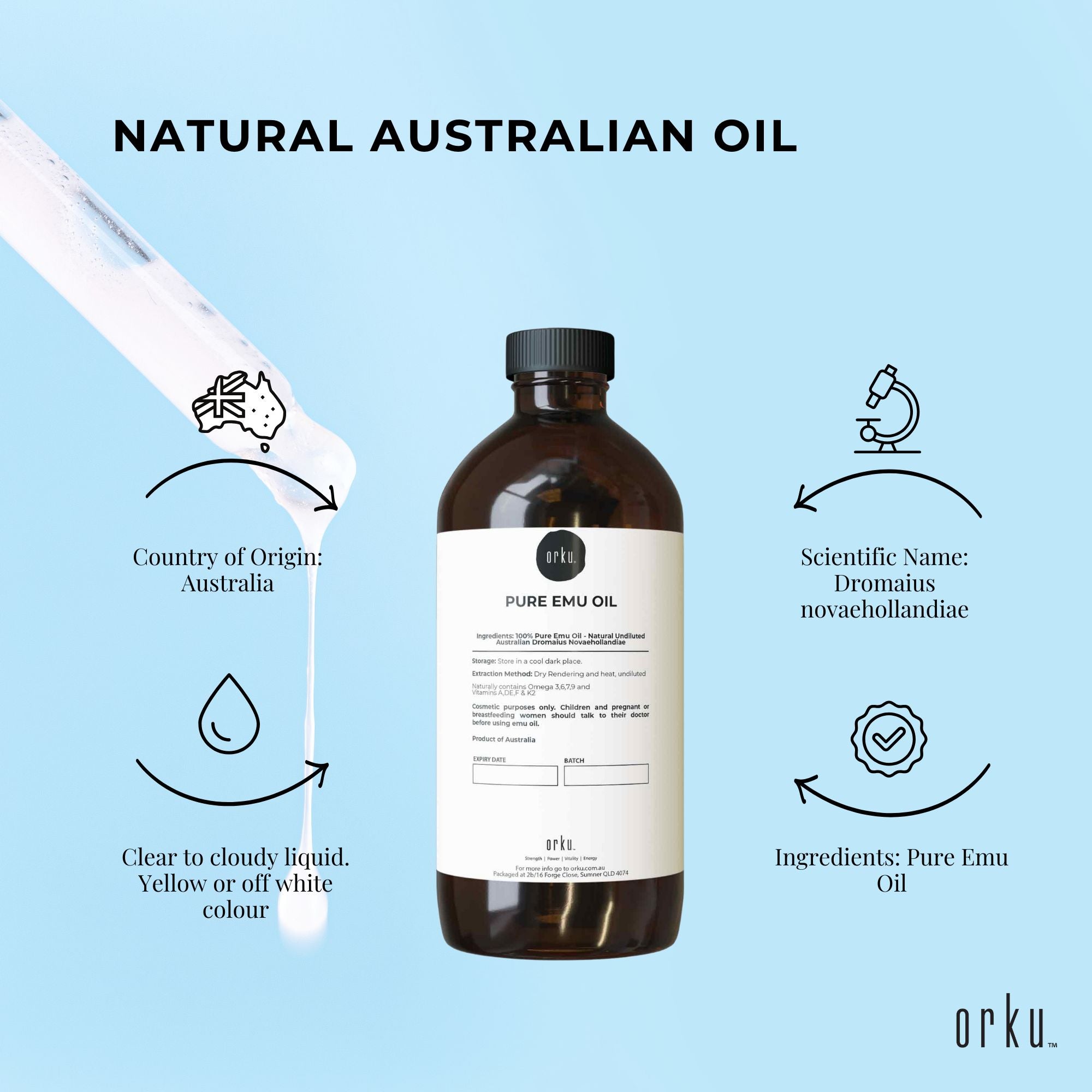 Orku 500ml Pure Emu Oil - Natural Undiluted Australian Dromaius Novaehollandiae 5