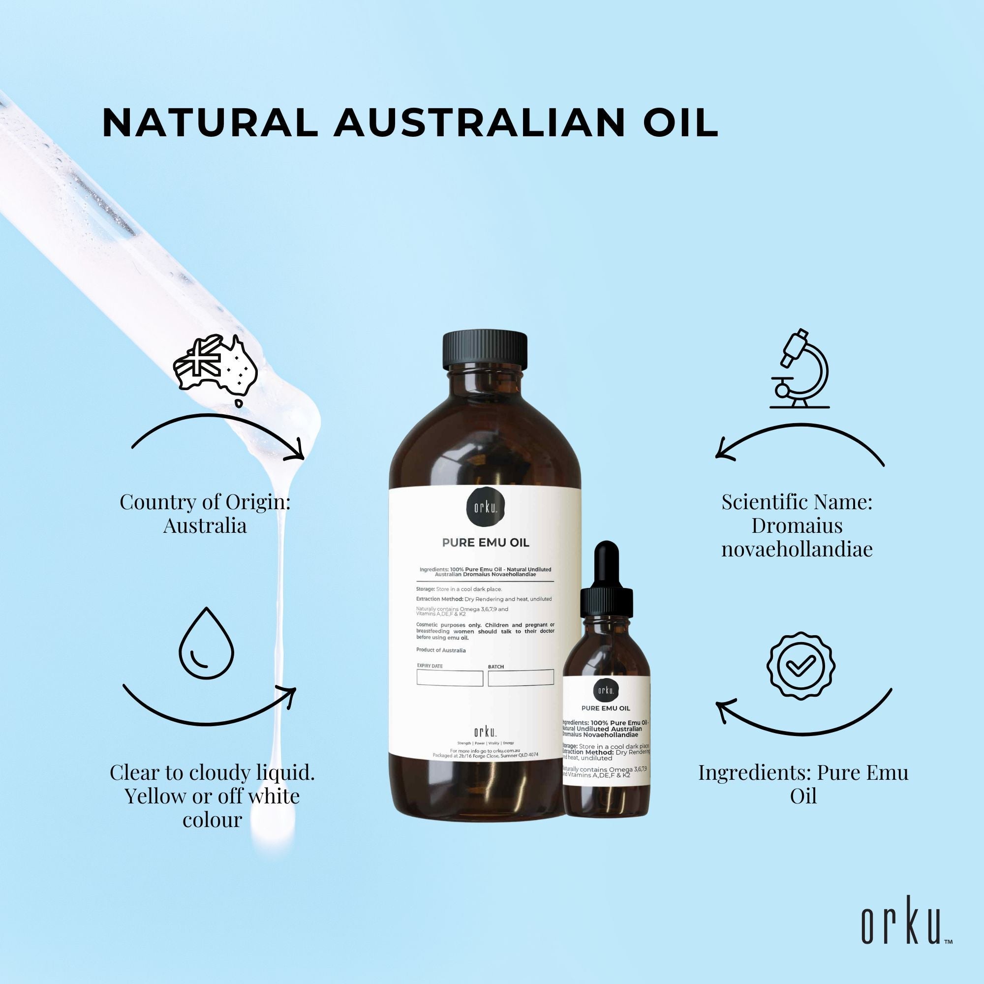 Orku 500ml Pure Emu Oil + Bonus 25ml Bottle - Australian Dromaius Novaehollandiae 4