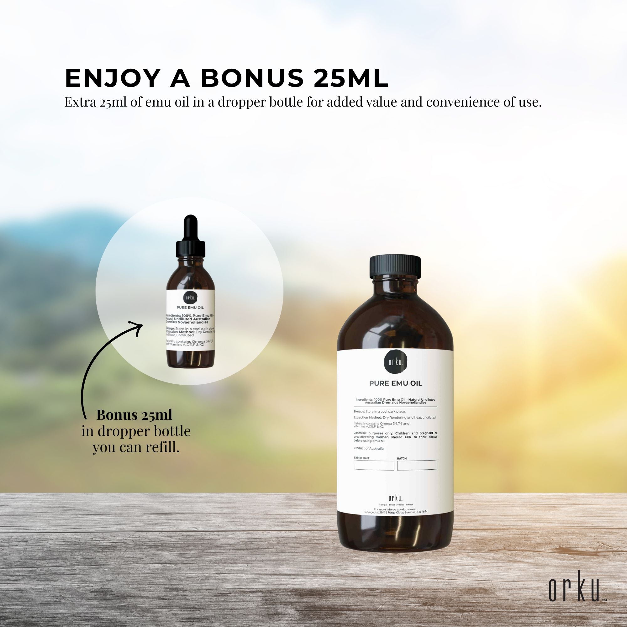 Orku 500ml Pure Emu Oil + Bonus 25ml Bottle - Australian Dromaius Novaehollandiae 6