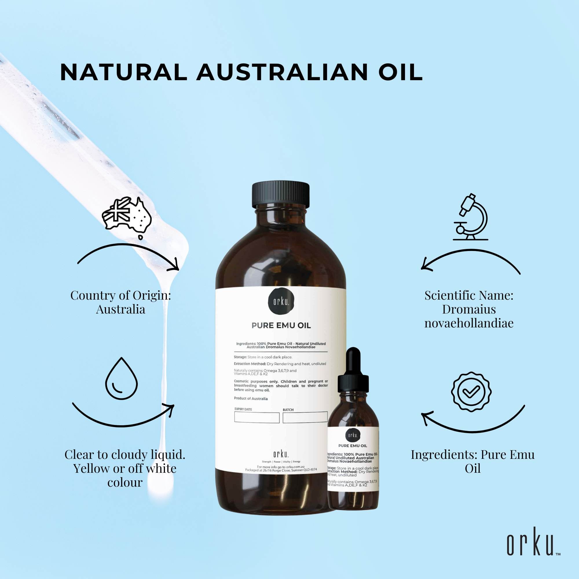 Orku 1L Pure Emu Oil + Bonus 25ml Bottle - Australian Dromaius Novaehollandiae 4