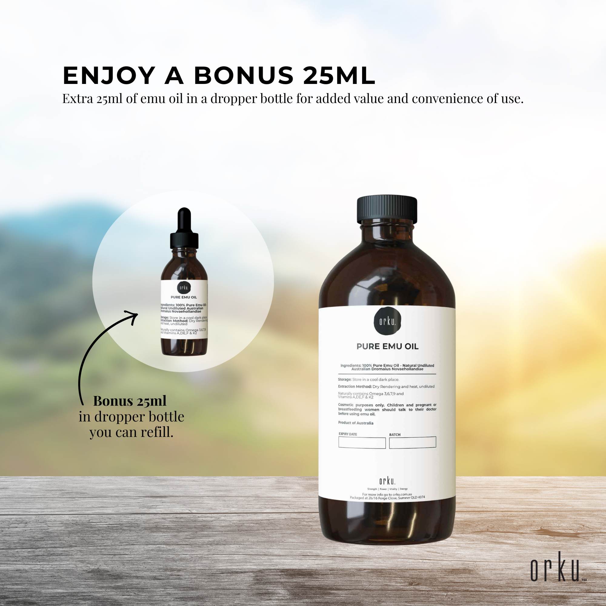 Orku 1L Pure Emu Oil + Bonus 25ml Bottle - Australian Dromaius Novaehollandiae 6