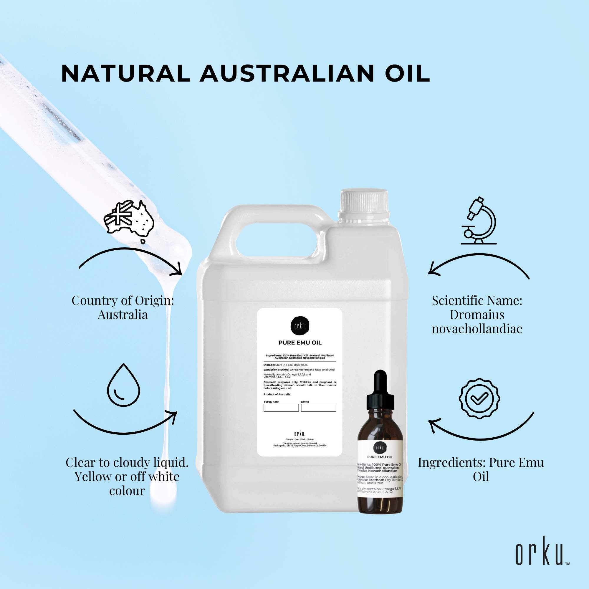 Orku 5L Pure Emu Oil + Bonus 25ml Bottle - Australian Dromaius Novaehollandiae 4