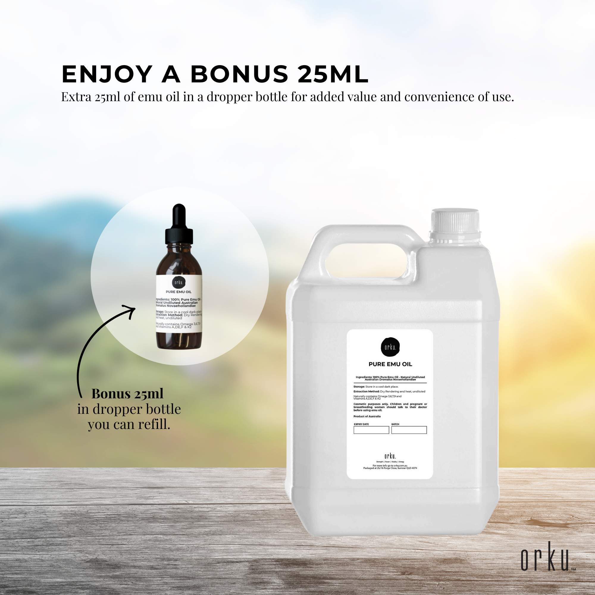 Orku 5L Pure Emu Oil + Bonus 25ml Bottle - Australian Dromaius Novaehollandiae 6