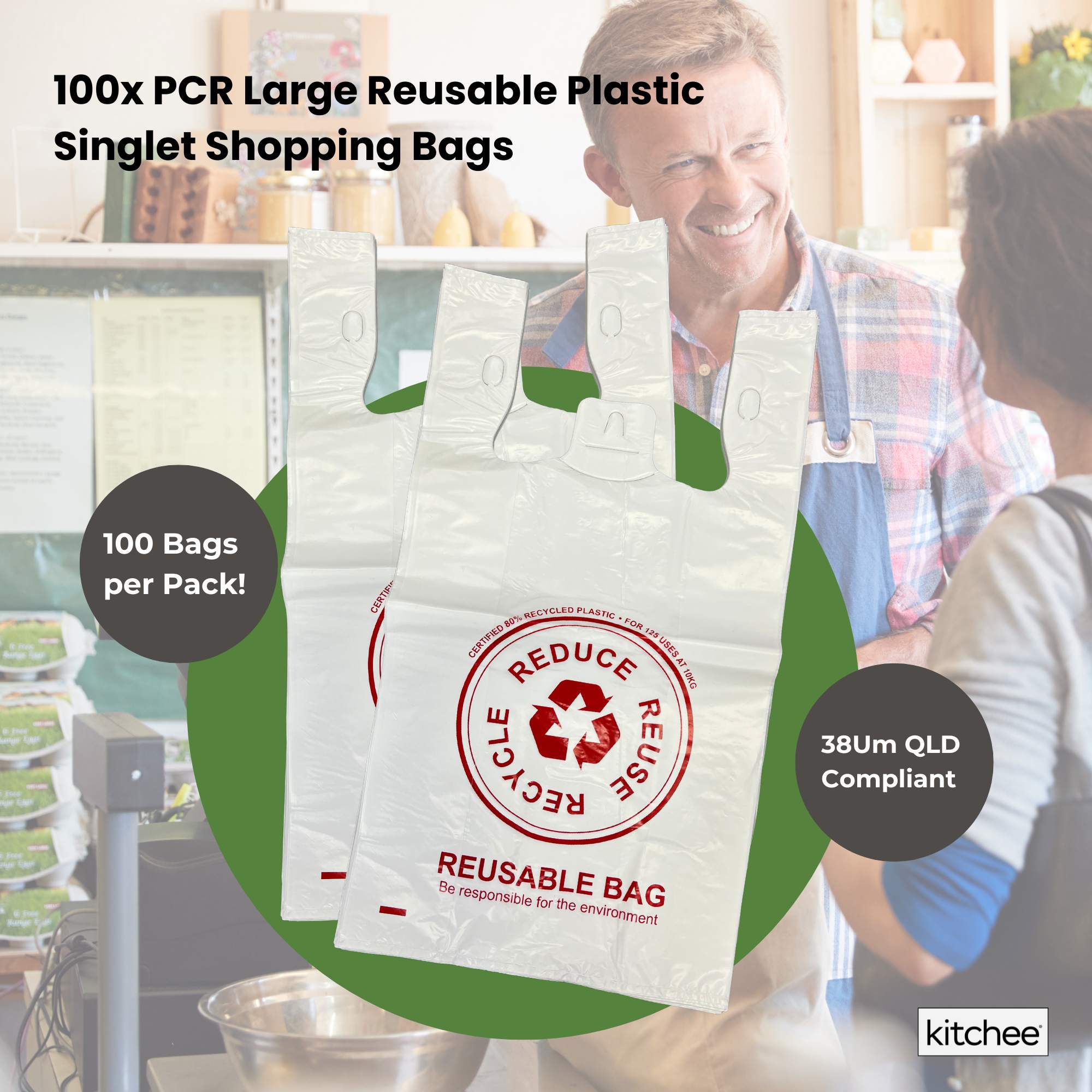 100x Large Reusable Plastic Singlet Shopping Bags - 80% Recycled 38UM Compliant 3