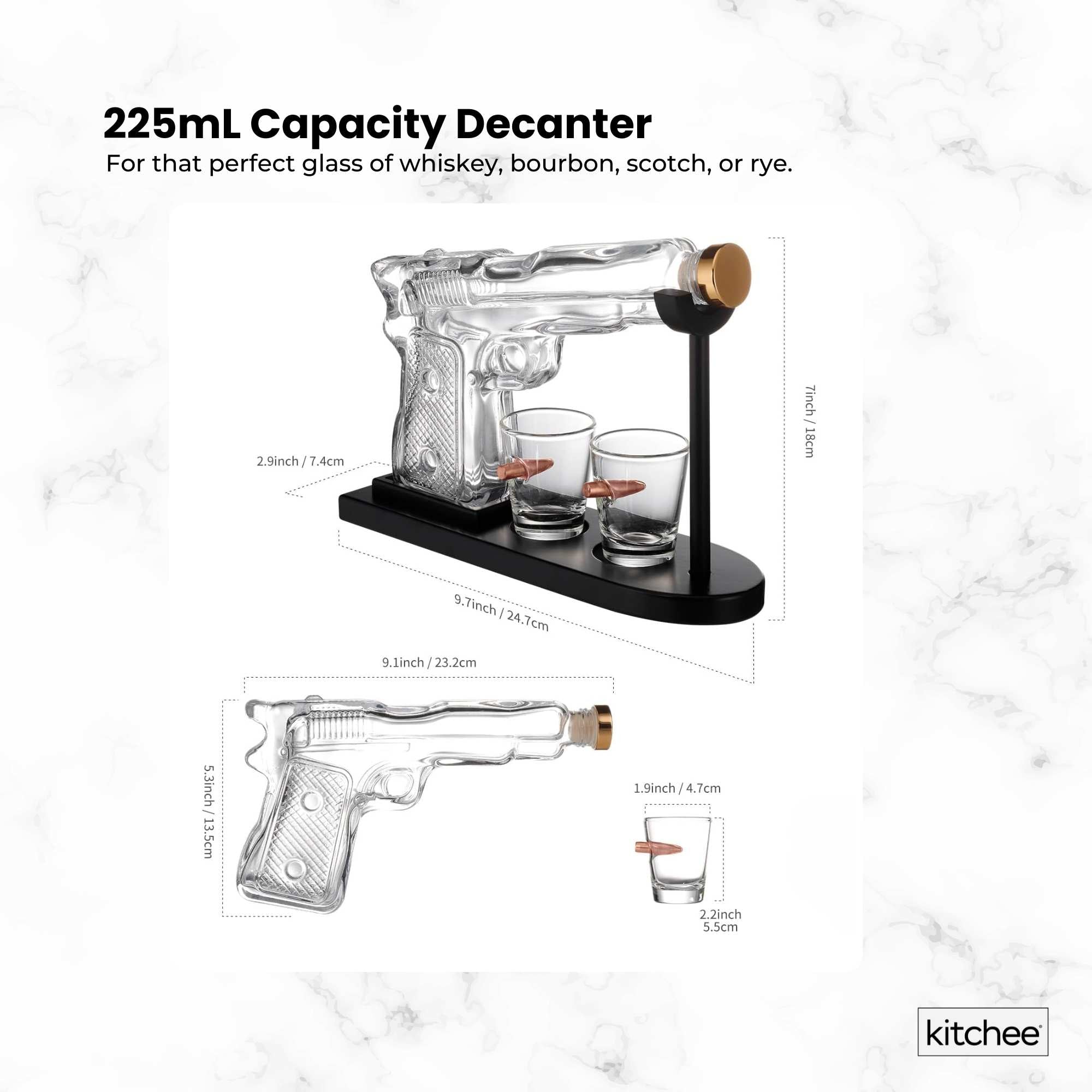225mL Whisky or Wine Decanter Glass Pistol Set - 2 Shot Glasses + Wooden Stand 4
