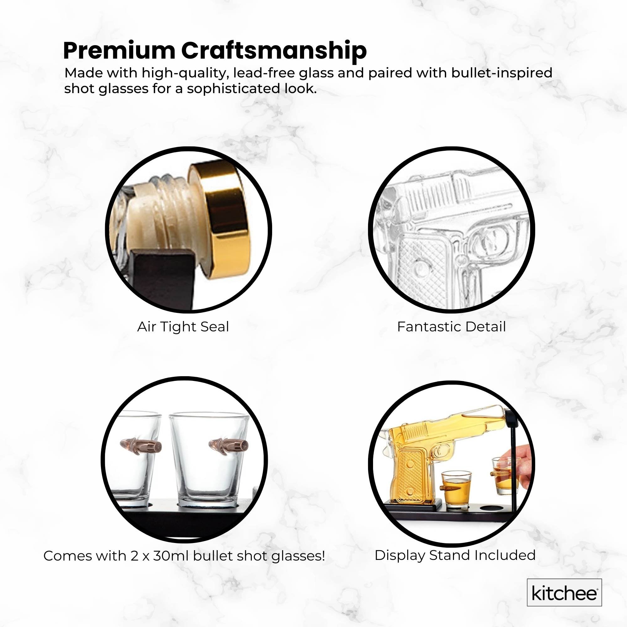 225mL Whisky or Wine Decanter Glass Pistol Set - 2 Shot Glasses + Wooden Stand 6