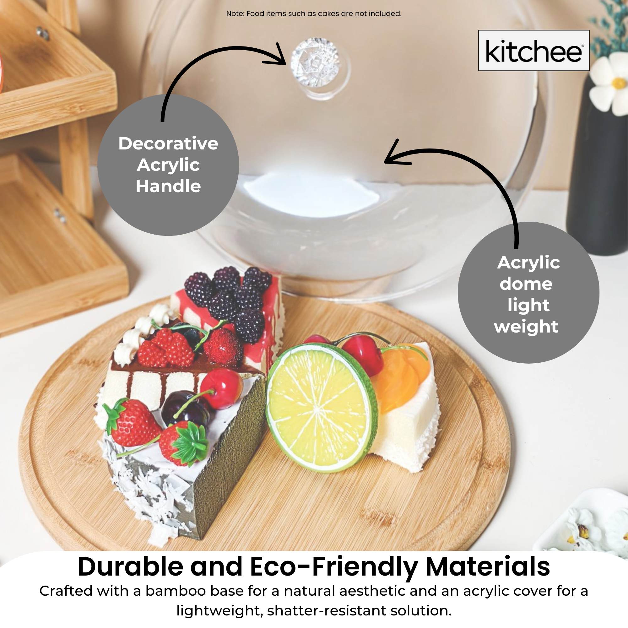 Kitchee 30cm Bamboo Cake Stand + Dome Acrylic Cover - Dessert Display Plate 3