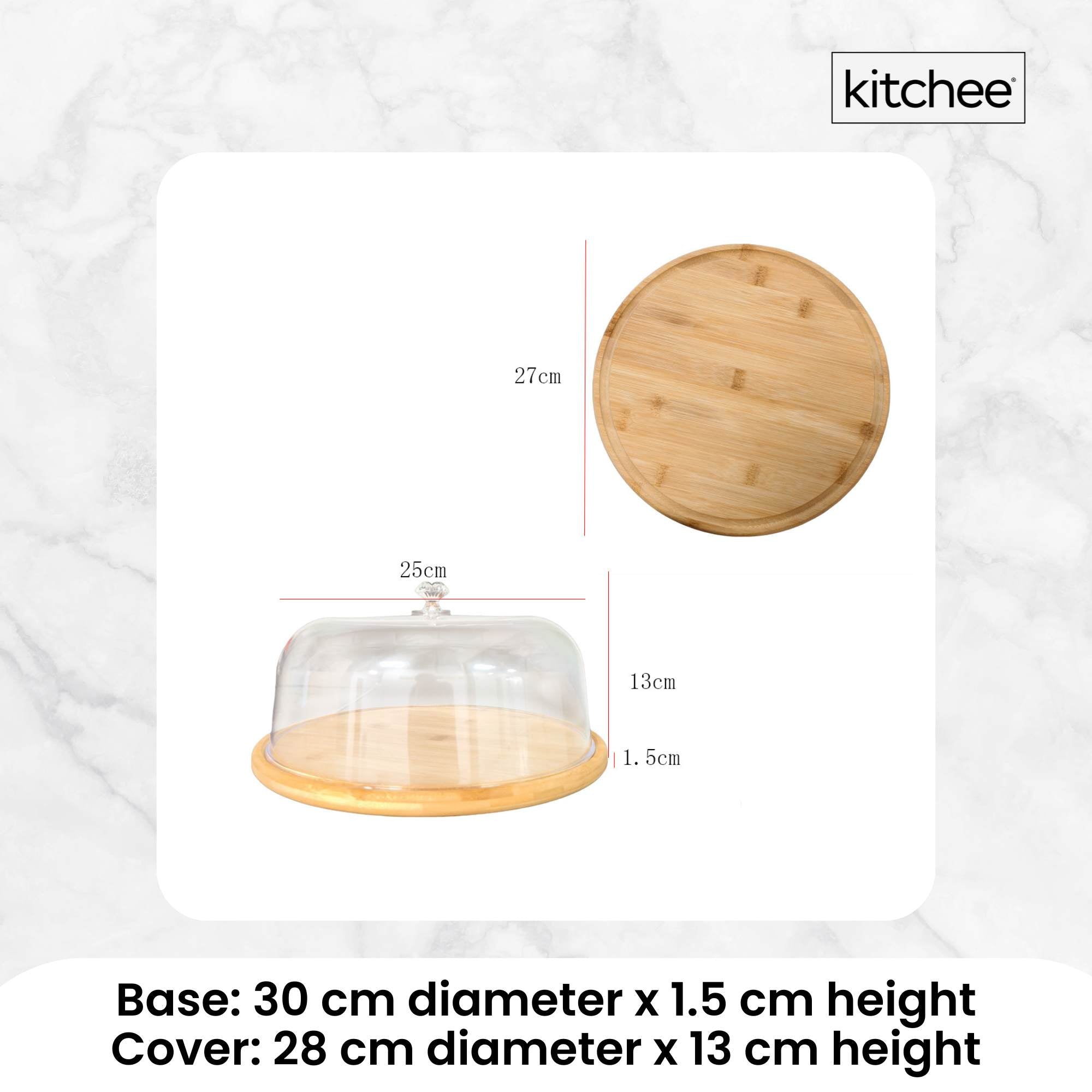 Kitchee 30cm Bamboo Cake Stand + Dome Acrylic Cover - Dessert Display Plate 4