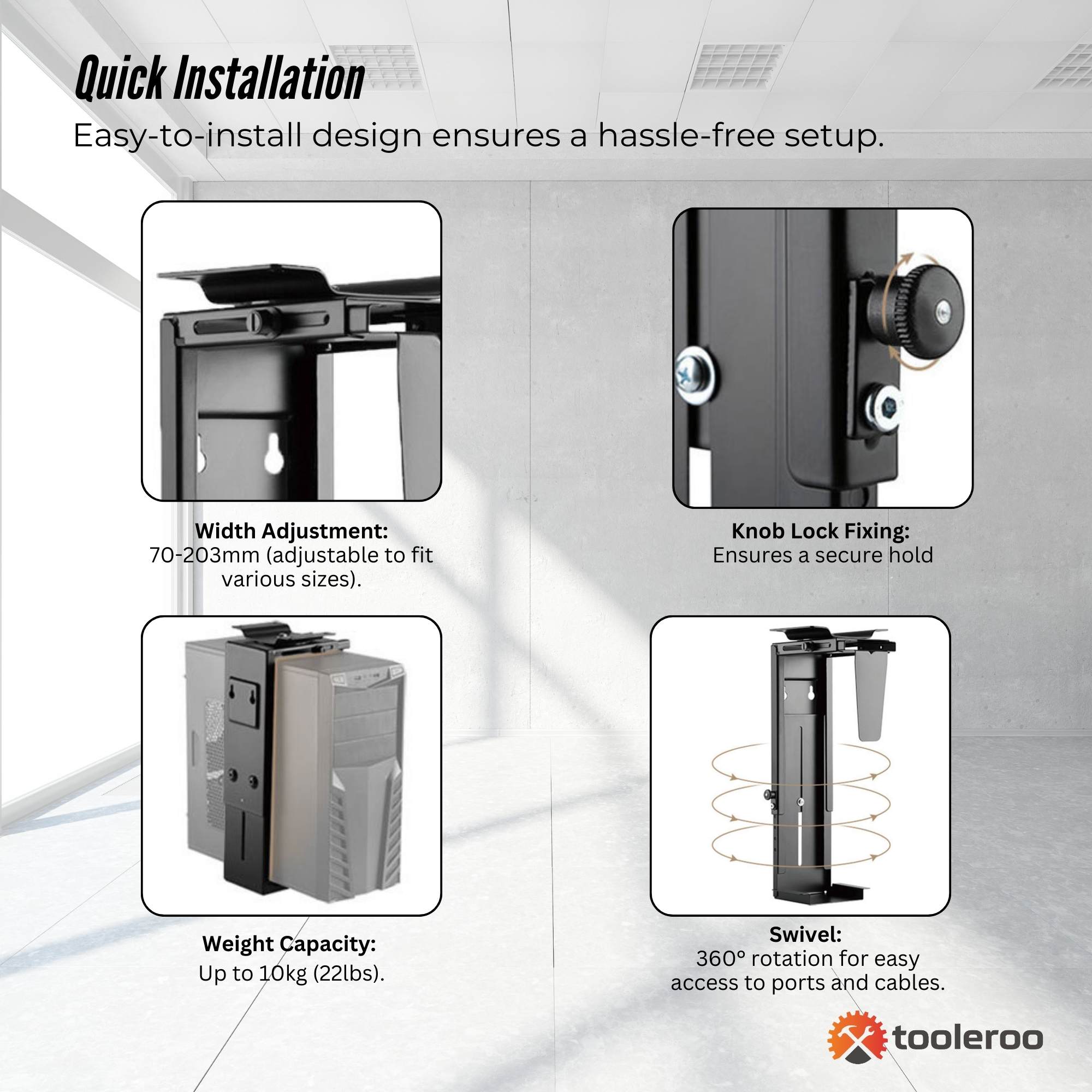 Tooleroo Under Desk CPU Holder PC Mount - Adjustable 360 Degree Rotation Rack 4