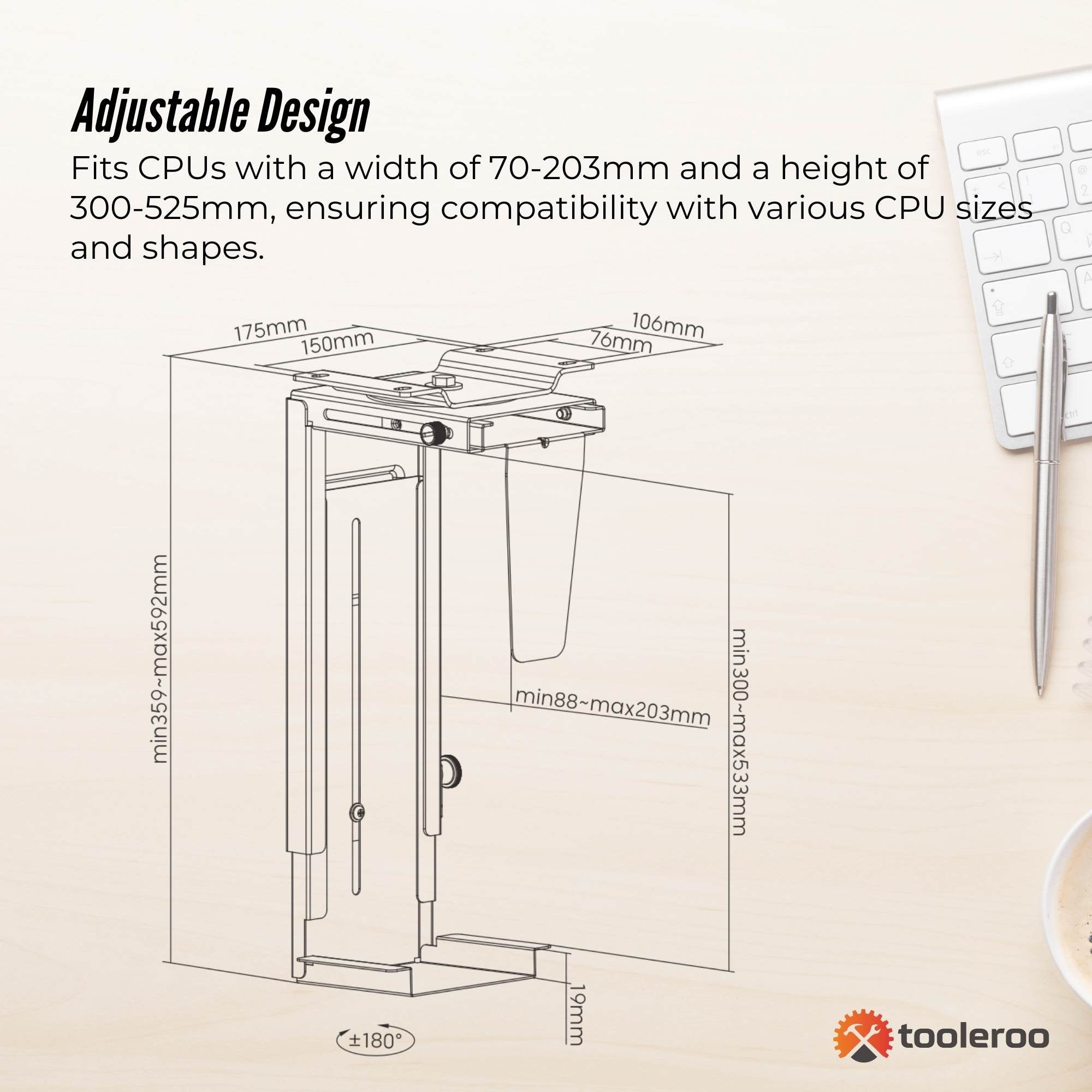 Tooleroo Under Desk CPU Holder PC Mount - Adjustable 360 Degree Rotation Rack 5
