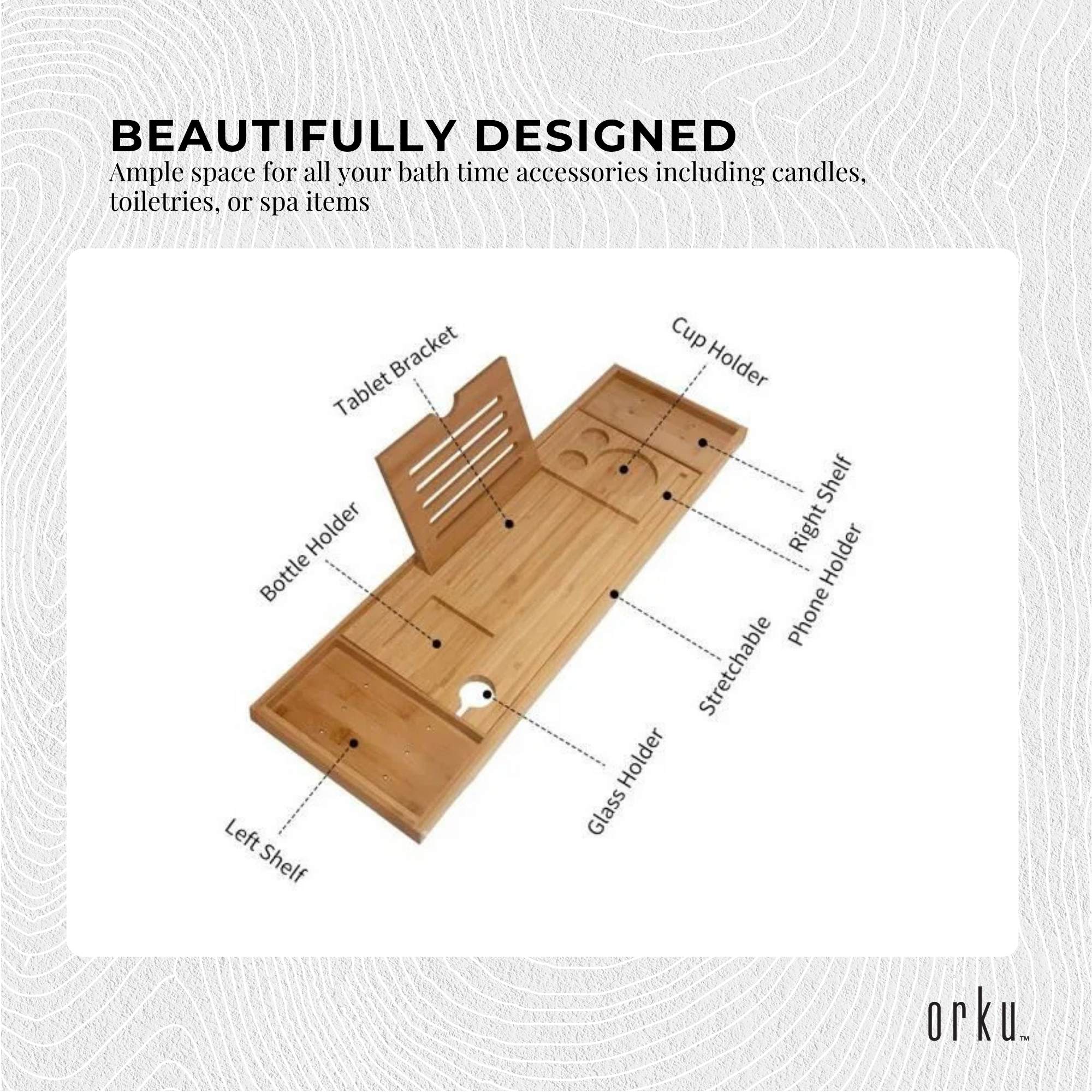 Luxury Adjustable Bamboo Bath Tray Caddy - Spa Book Wine & Accessories Holder 5