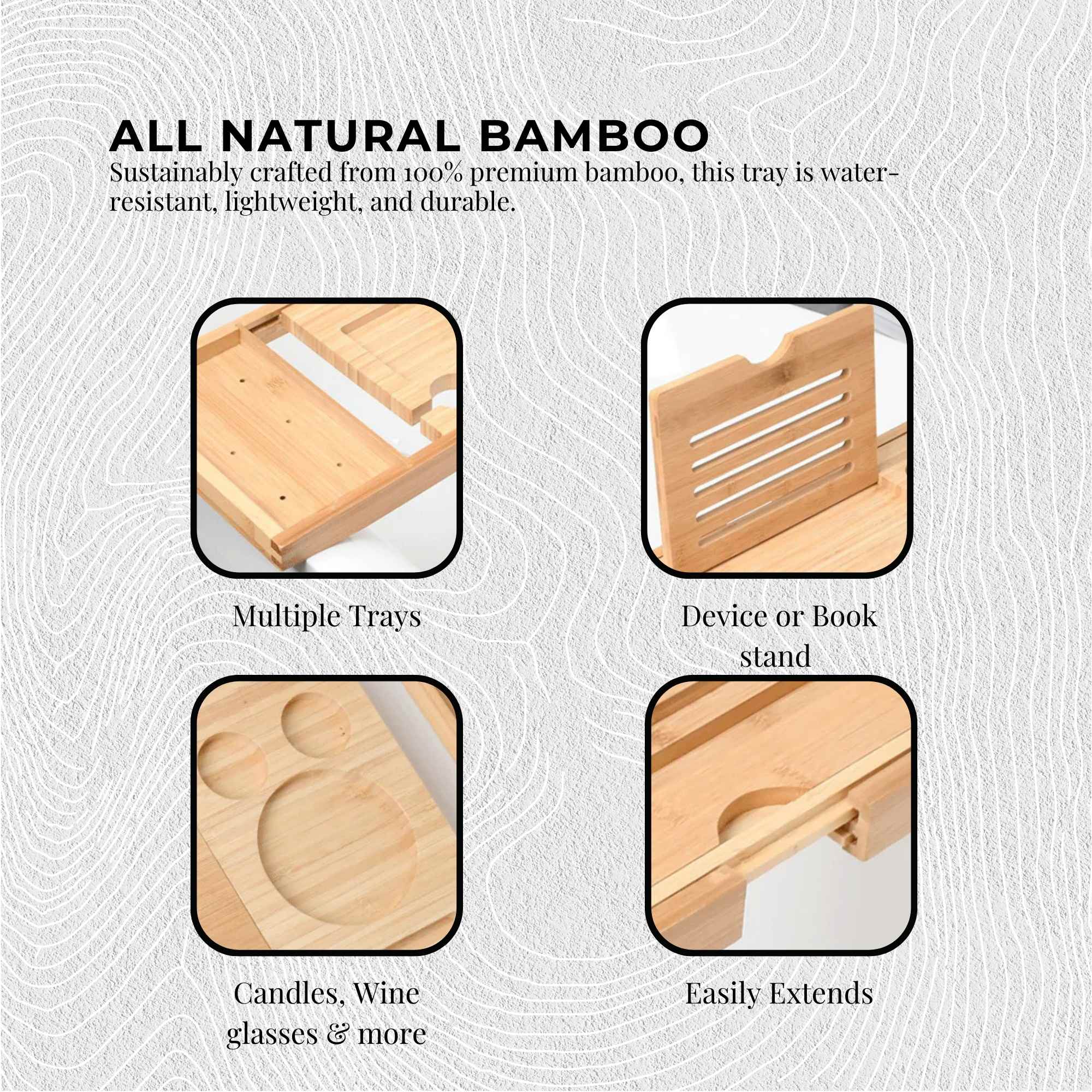 Luxury Adjustable Bamboo Bath Tray Caddy - Spa Book Wine & Accessories Holder 6