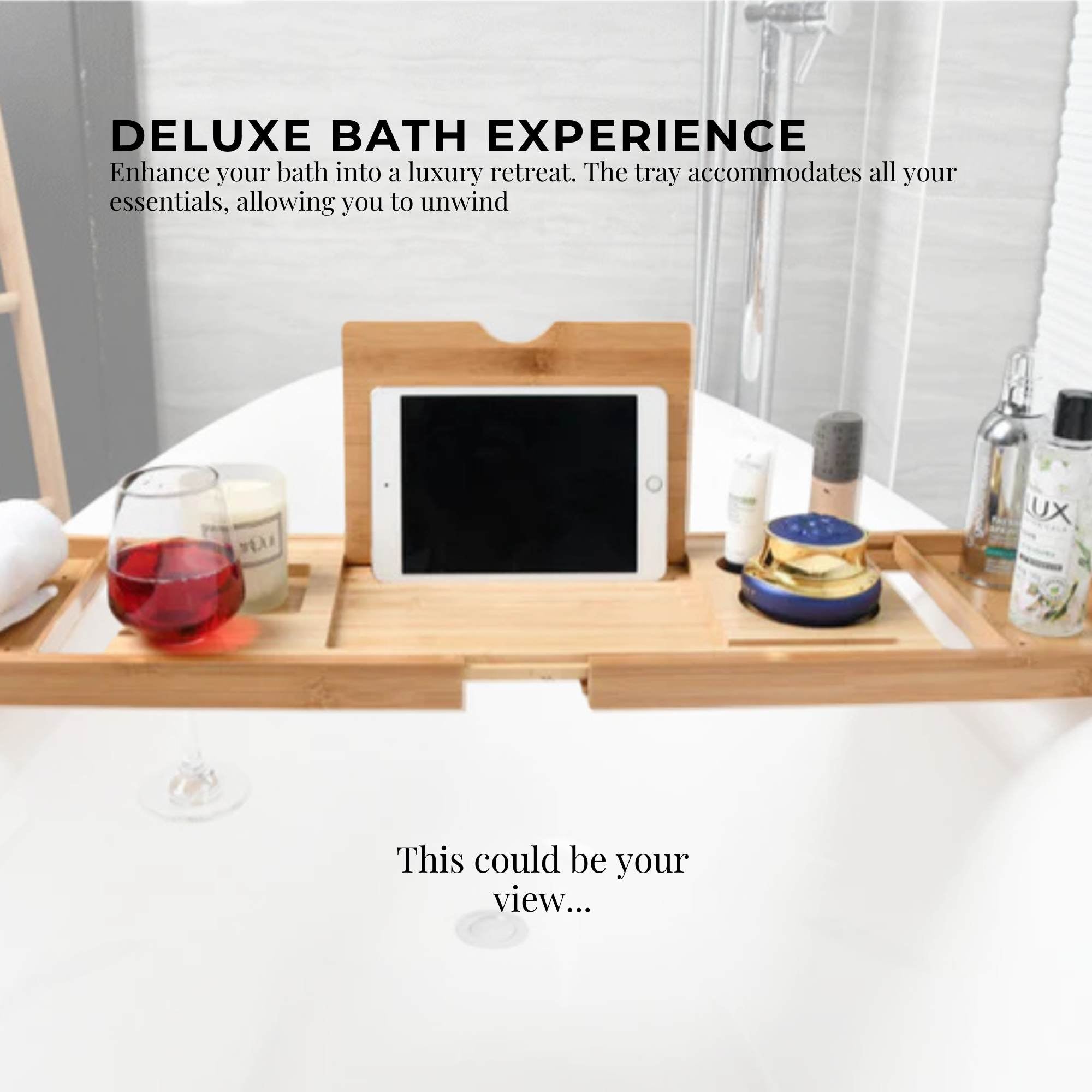 Luxury Adjustable Bamboo Bath Tray Caddy - Spa Book Wine & Accessories Holder 7