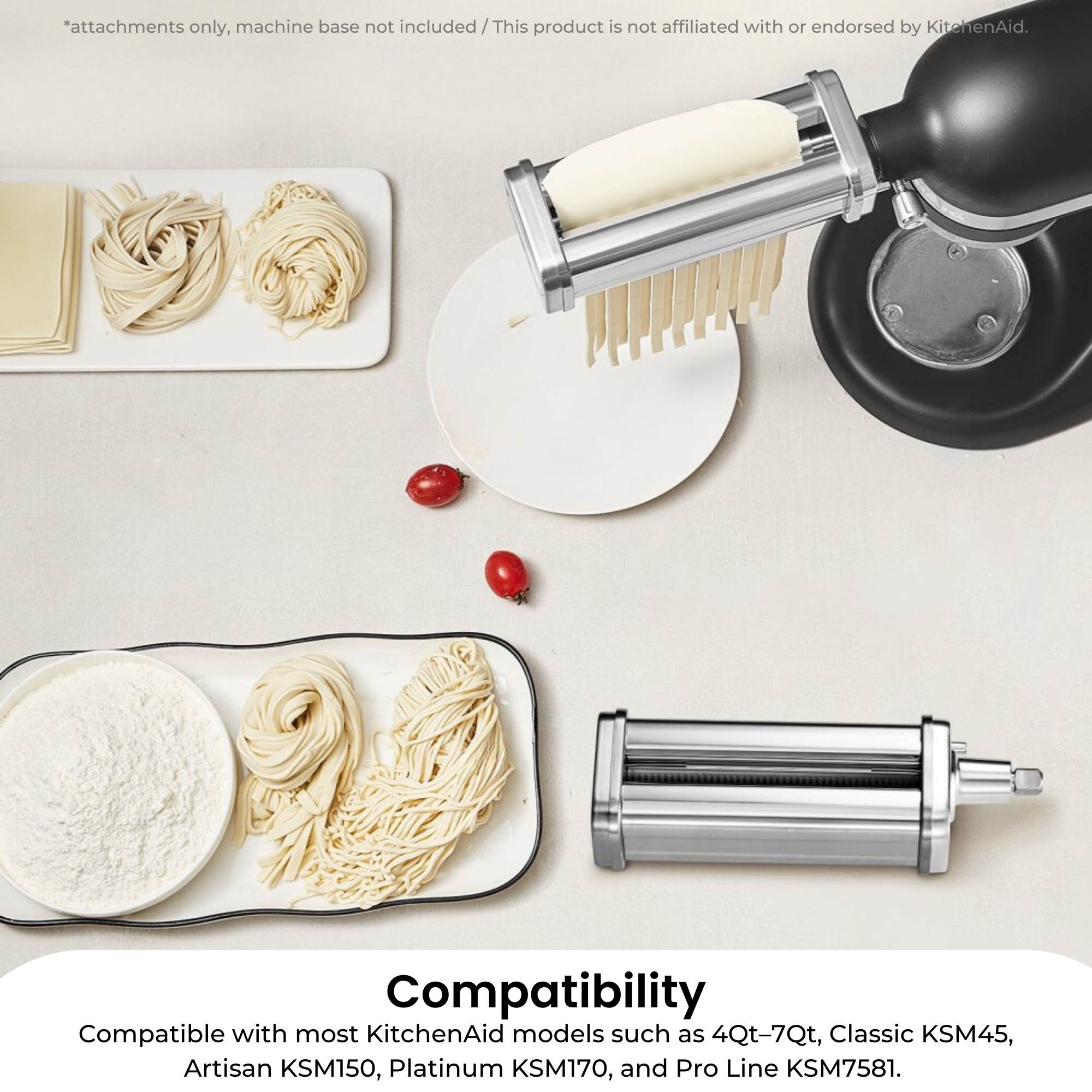 Kitchee Pasta Noodle Maker Roller Cutter Attachments - Compatible with KitchenAid Mixer 3