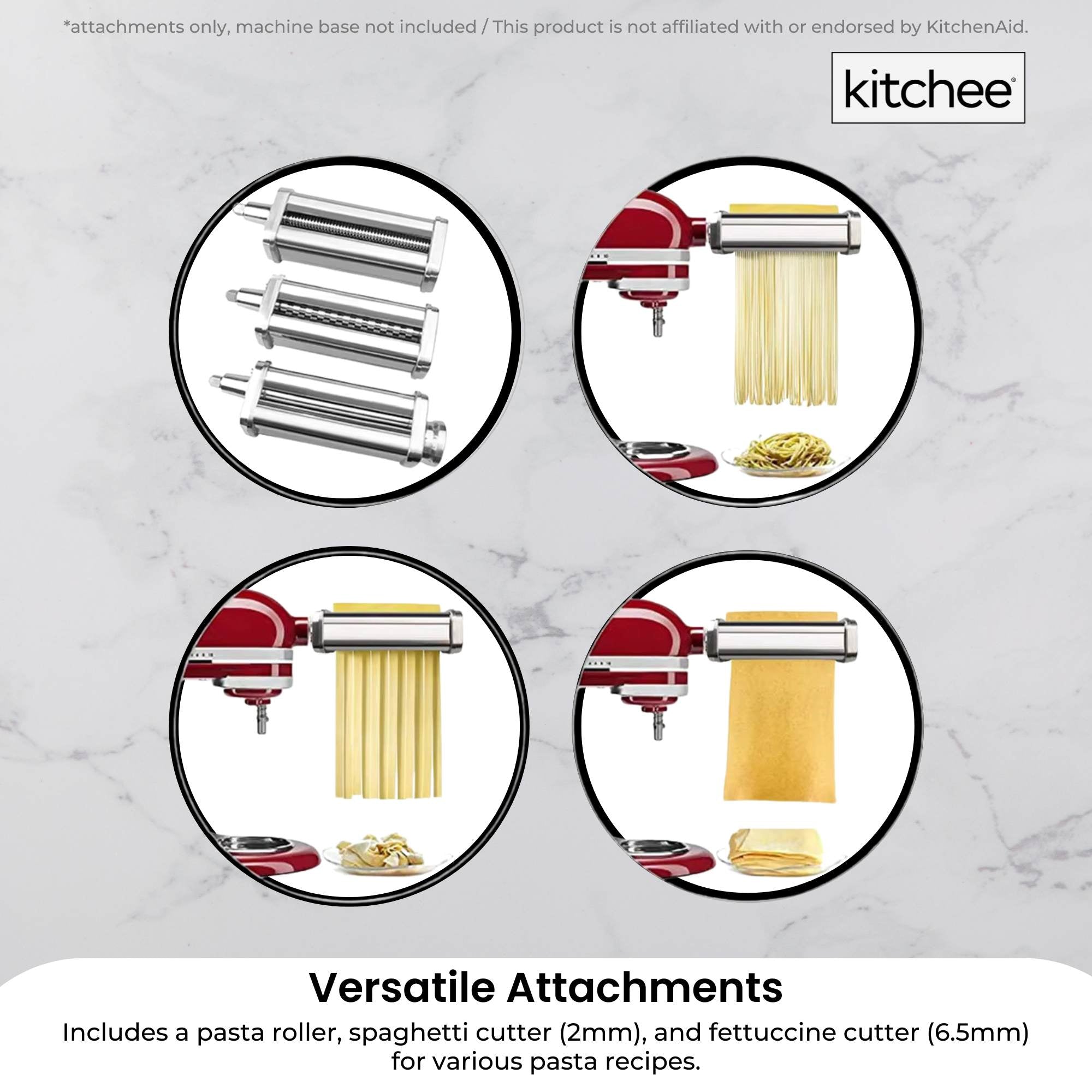 Kitchee Pasta Noodle Maker Roller Cutter Attachments - Compatible with KitchenAid Mixer 4