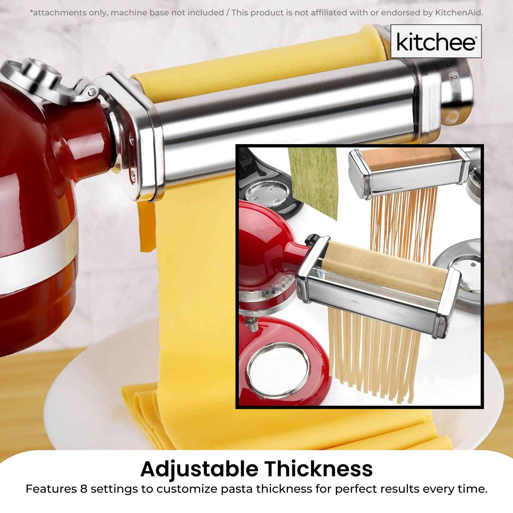 Kitchee Pasta Noodle Maker Roller Cutter Attachments - Compatible with KitchenAid Mixer 5