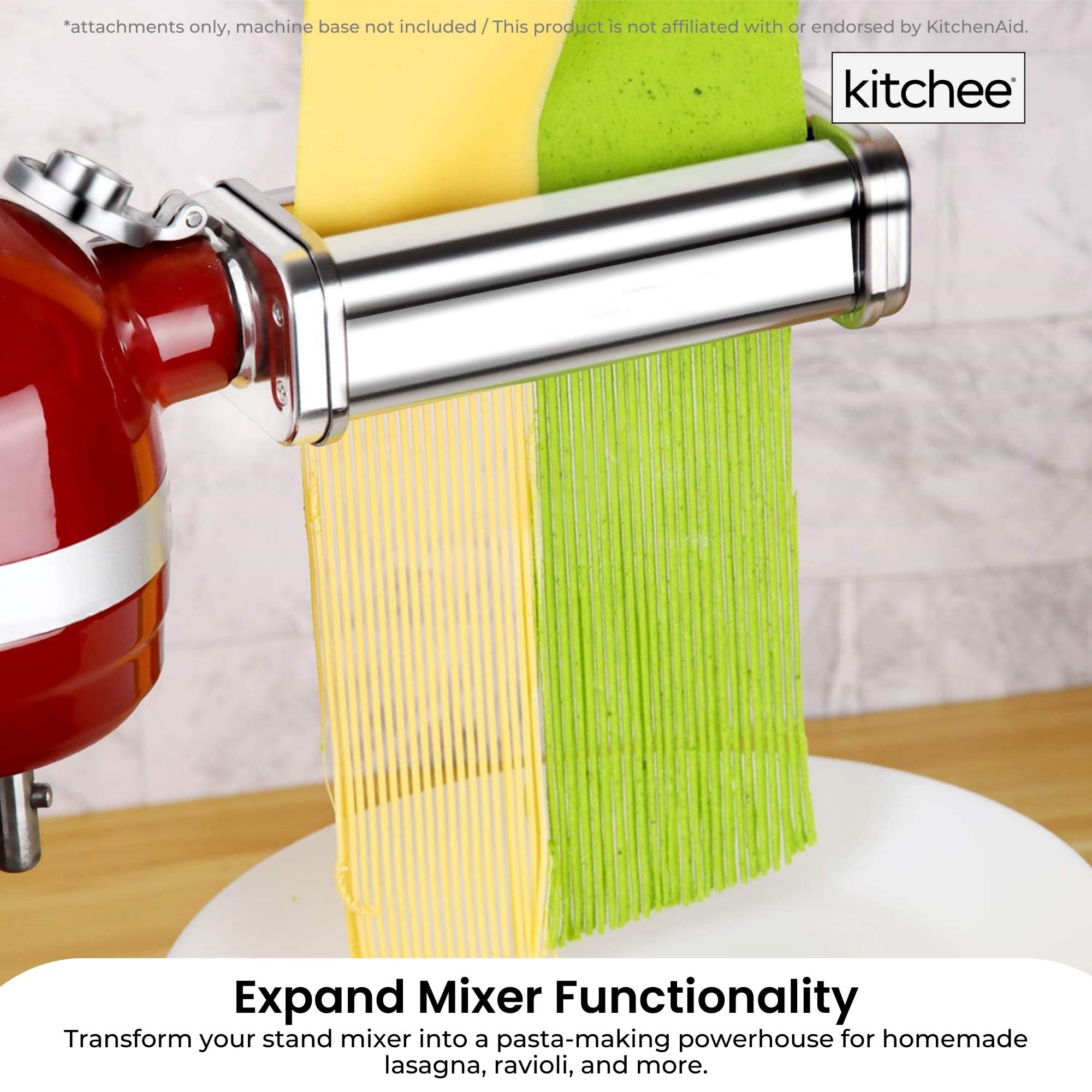 Kitchee Pasta Noodle Maker Roller Cutter Attachments - Compatible with KitchenAid Mixer 6