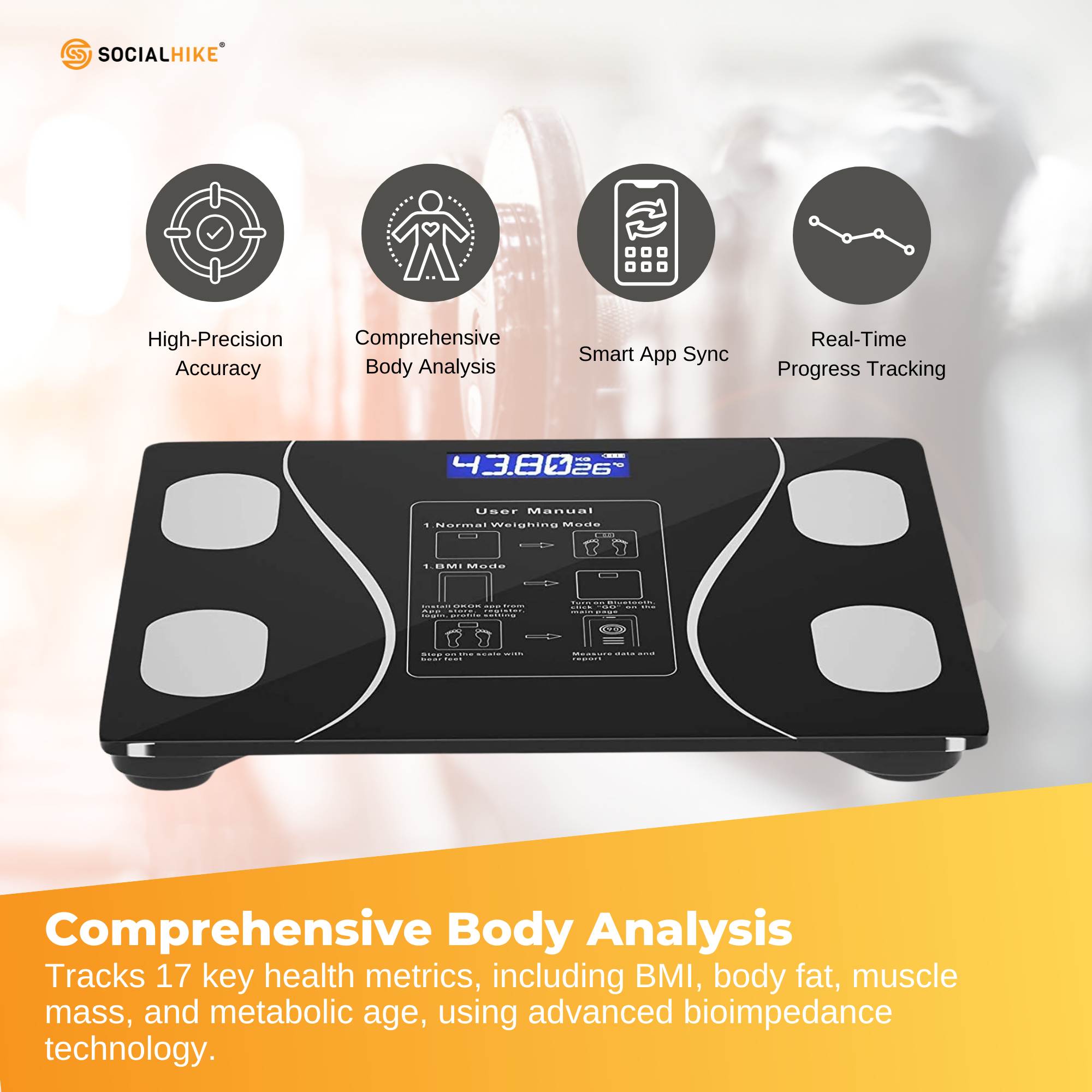 Bluetooth Smart Body Fat Scale Black - Digital BMI Weight USB Recharge with App 3