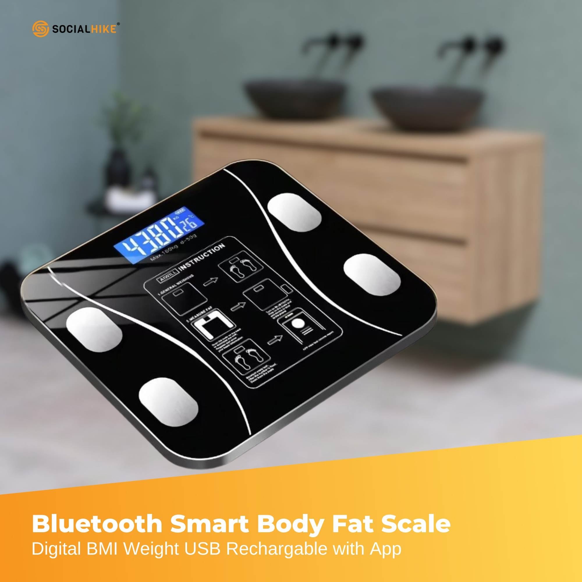 Bluetooth Smart Body Fat Scale Black - Digital BMI Weight USB Recharge with App 4