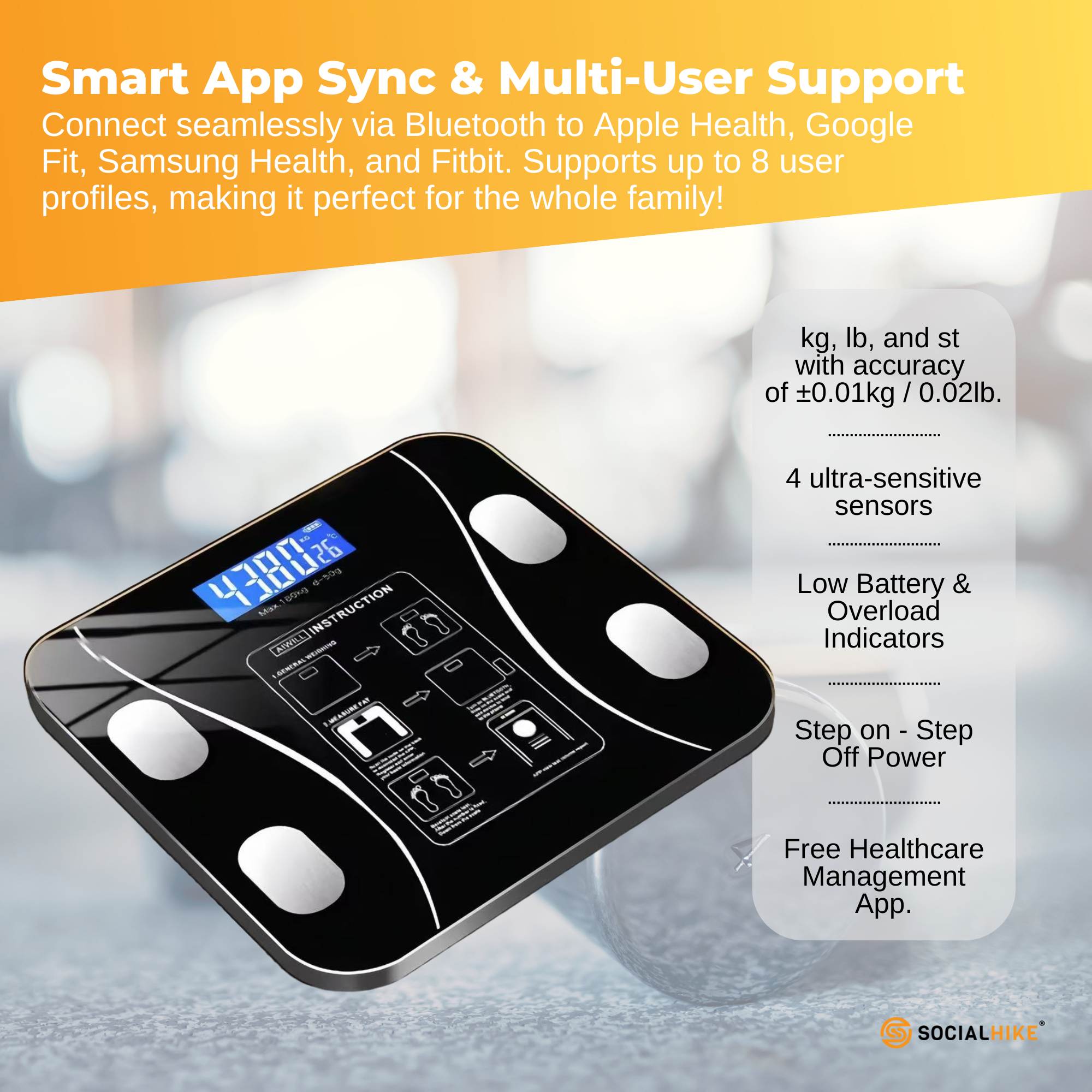 Bluetooth Smart Body Fat Scale Black - Digital BMI Weight USB Recharge with App 5