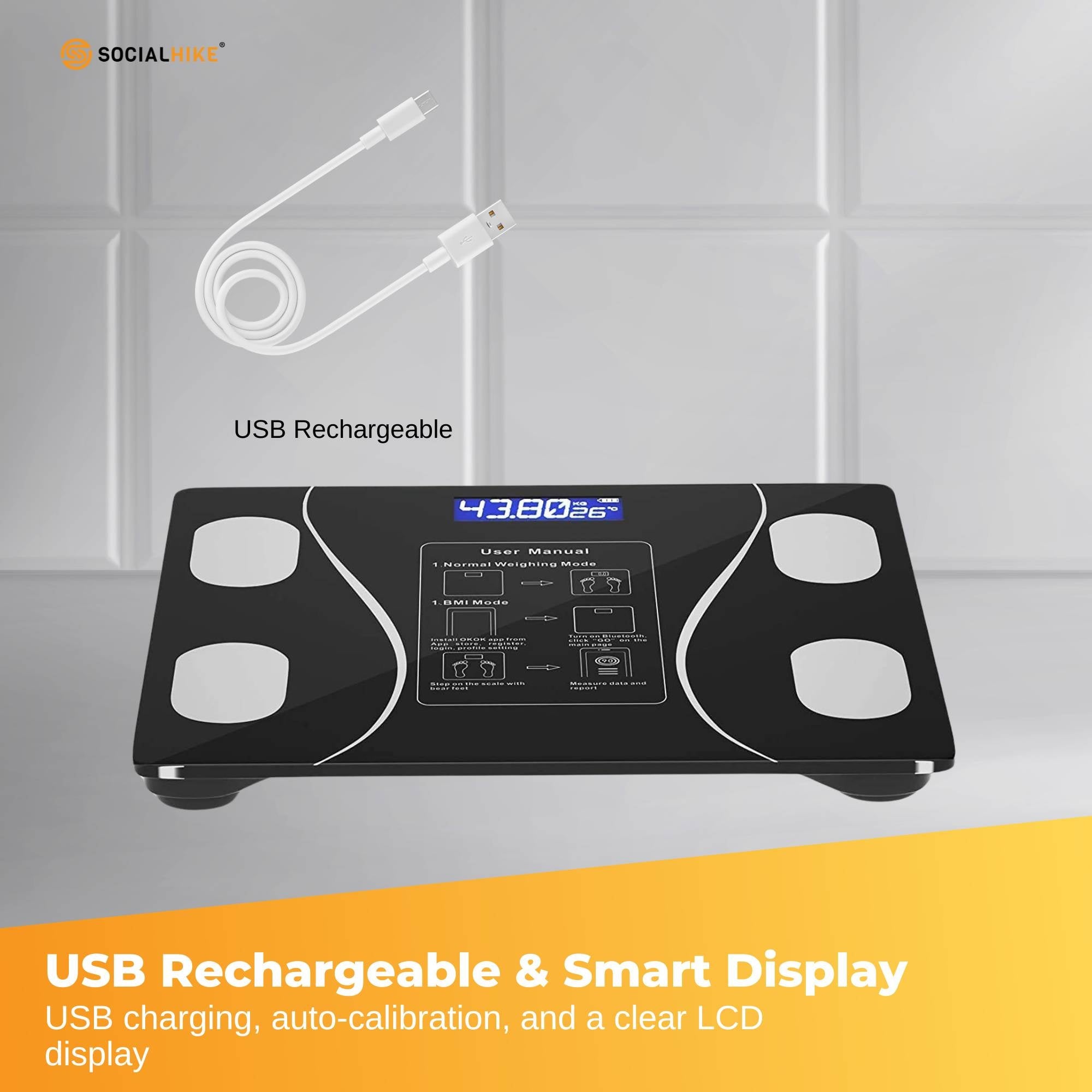 Bluetooth Smart Body Fat Scale Black - Digital BMI Weight USB Recharge with App 6