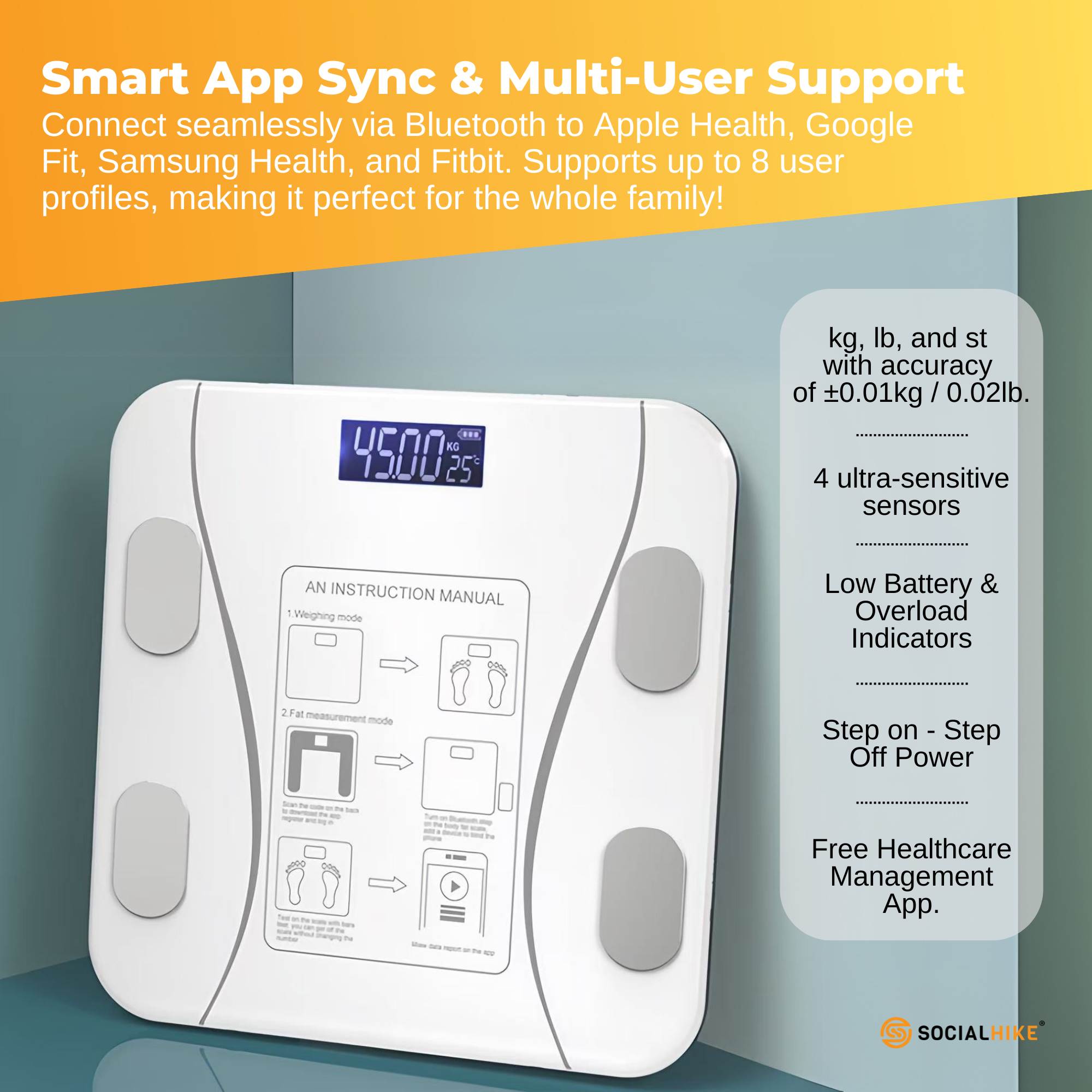 Bluetooth Smart Body Fat Scale White - Digital BMI Weight USB Recharge with App 5