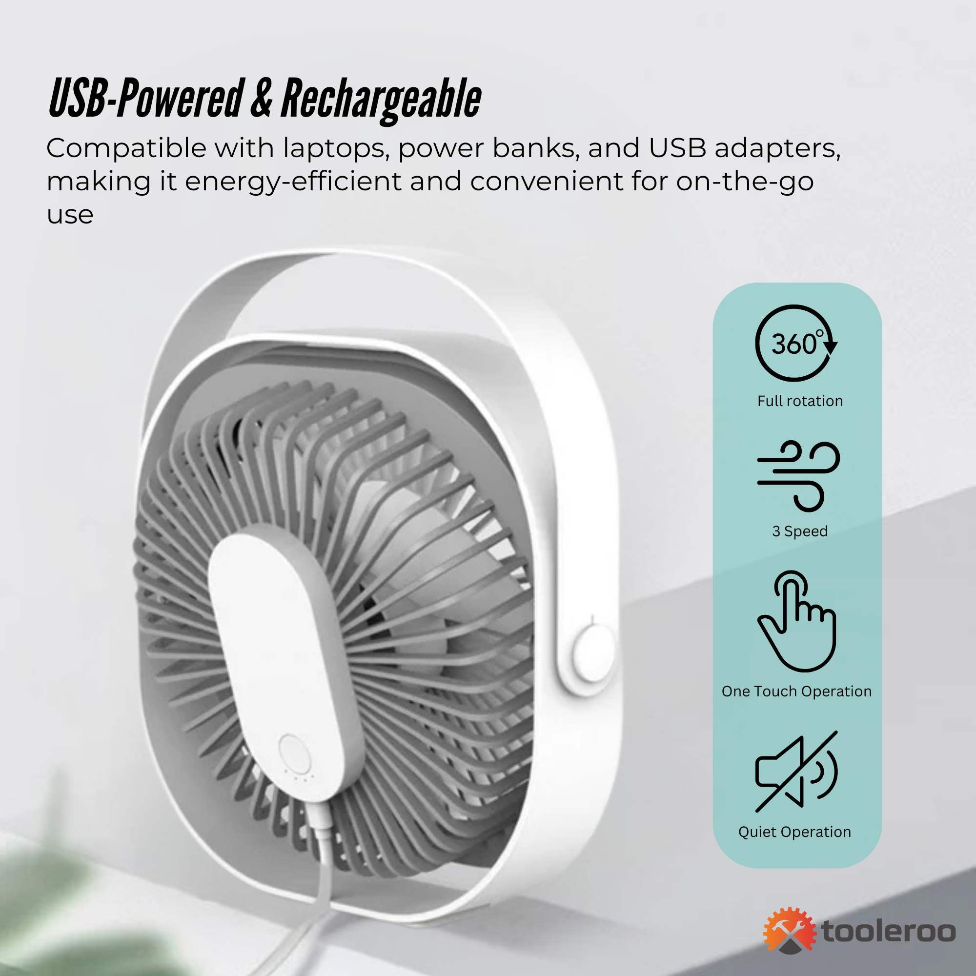 3-Speed USB 20cm Desktop Fan – Quiet Portable Lightweight Rechargeable Cooler 4