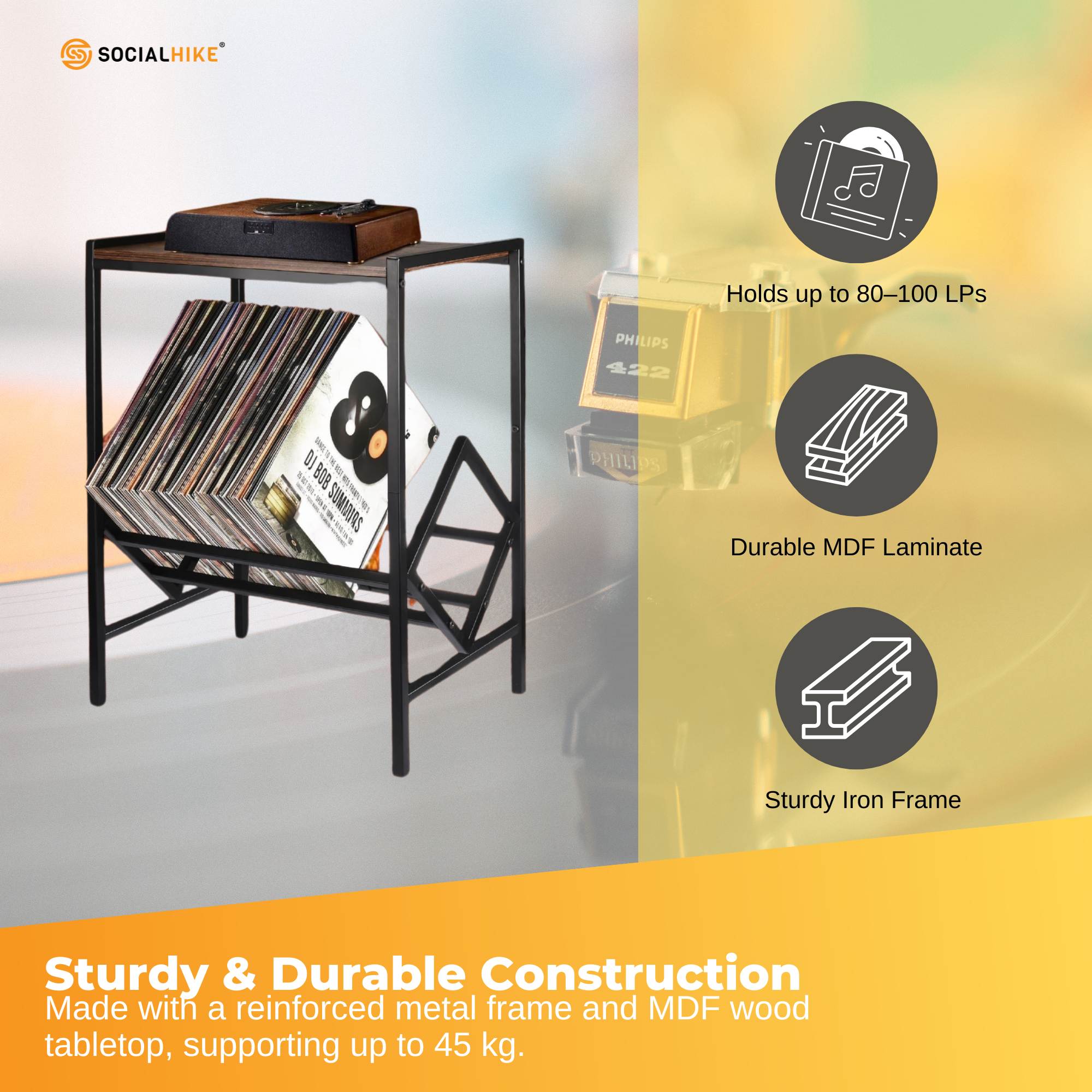 Social Hike Turntable Player Stand & Vinyl LP Record Album Storage - Black Metal 3
