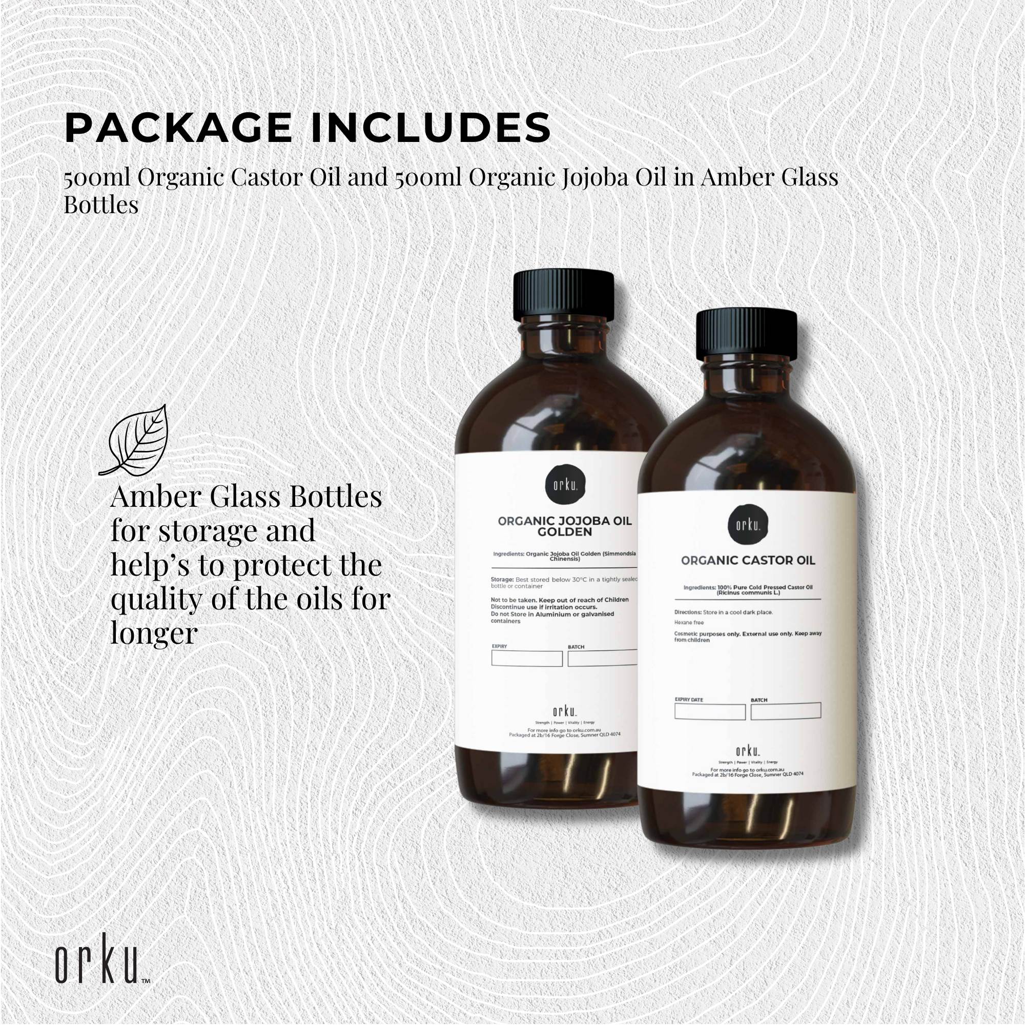 Orku 500ml Organic Castor Oil and 500ml Organic Jojoba Oil Pack 4