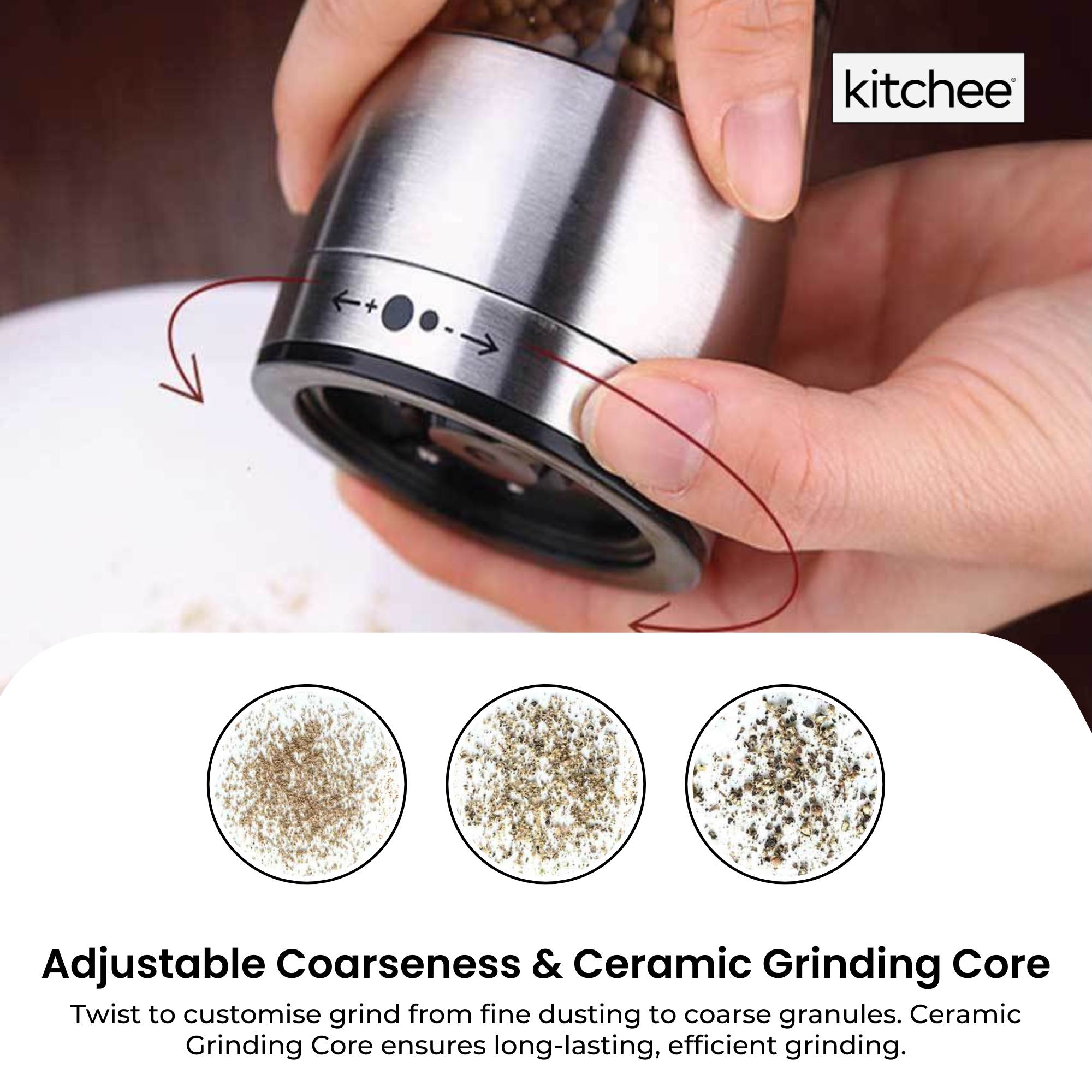 Kitchee Stainless Steel Salt Pepper Spice Grinder Mill - Adjustable Coarseness 5